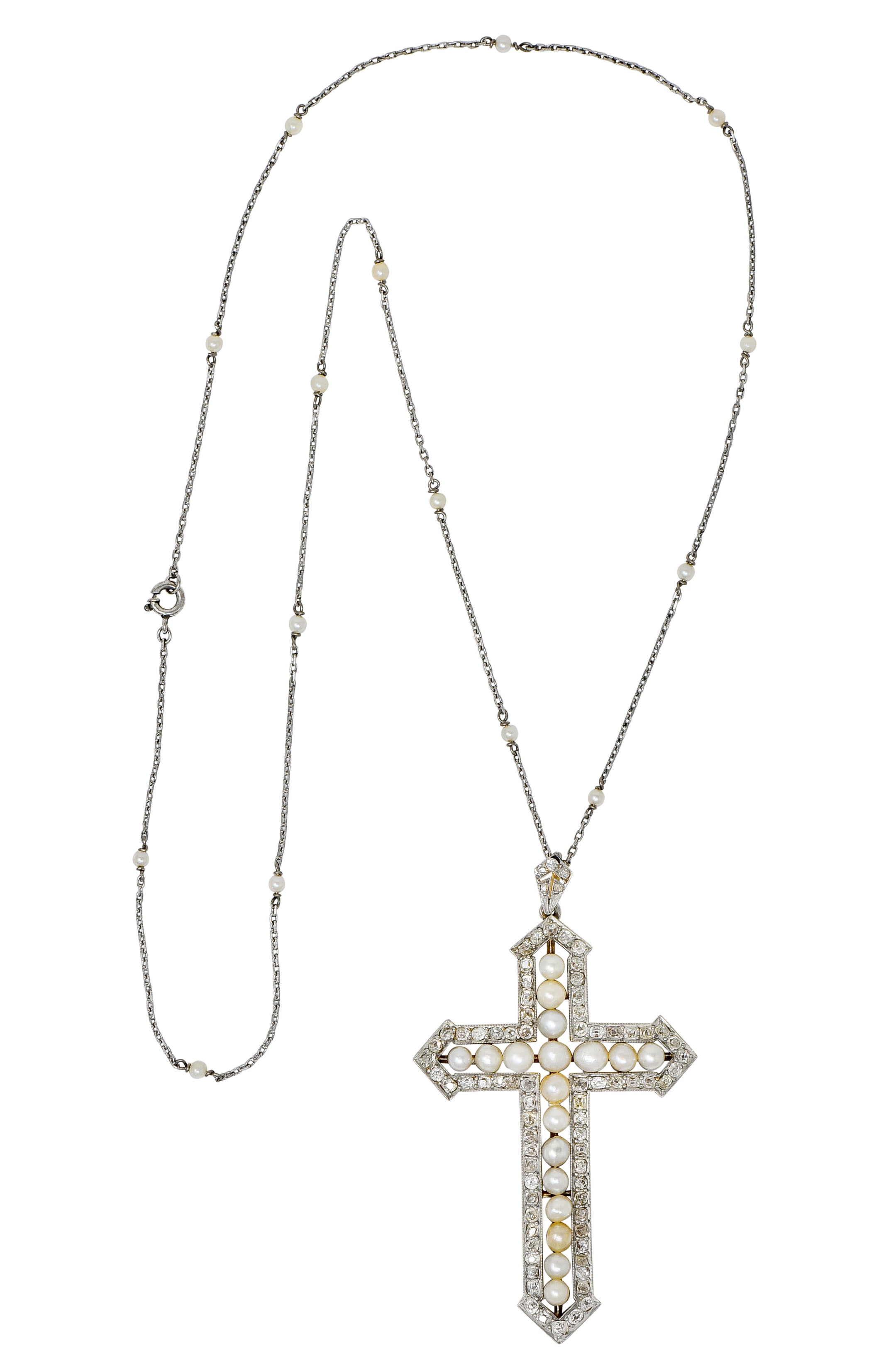 Edwardian 3.00 CTW Diamond Pearl Platinum-Topped 18 Karat Gold Cross Pendant Necklace - Wilson's Estate Jewelry