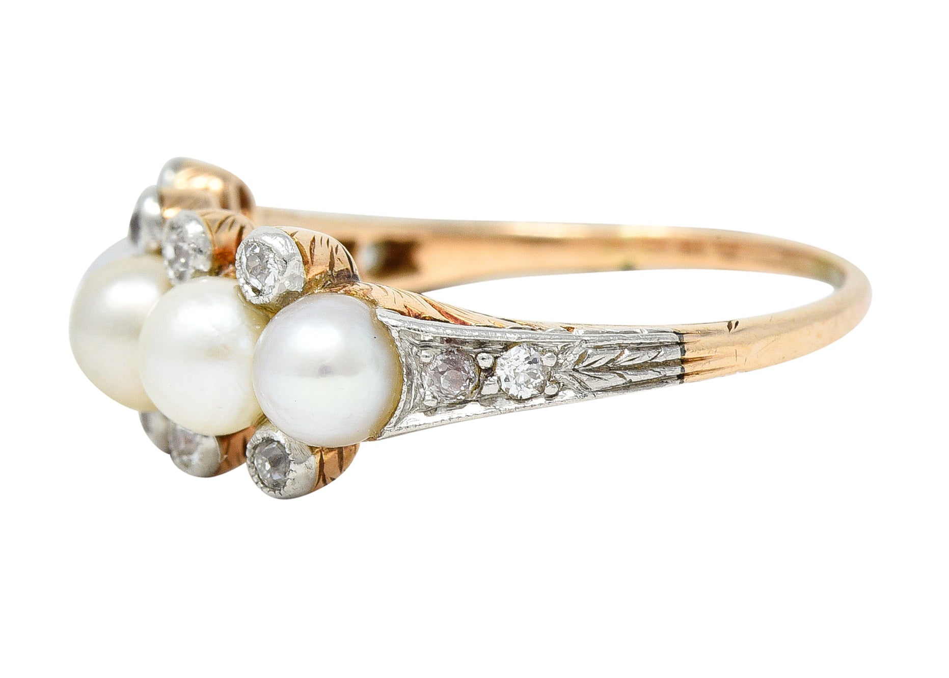 Edwardian Pearl Diamond Platinum-Topped 14 Karat Yellow Gold Antique Band Ring Wilson's Estate Jewelry