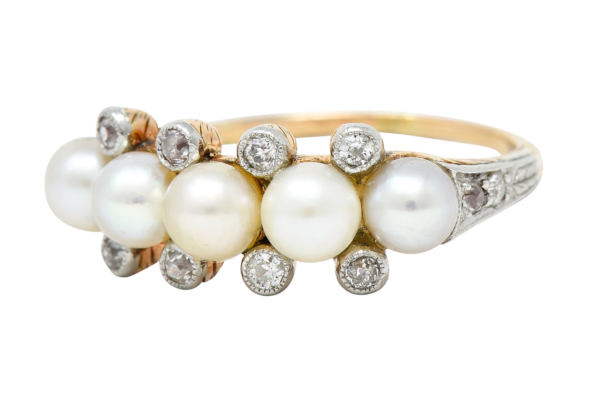 Edwardian Pearl Diamond Platinum-Topped 14 Karat Yellow Gold Antique Band Ring Wilson's Estate Jewelry