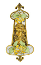 Eugene Feuilltre Art Nouveau Enamel 18 Karat Gold Lily Lady Antique Pendant