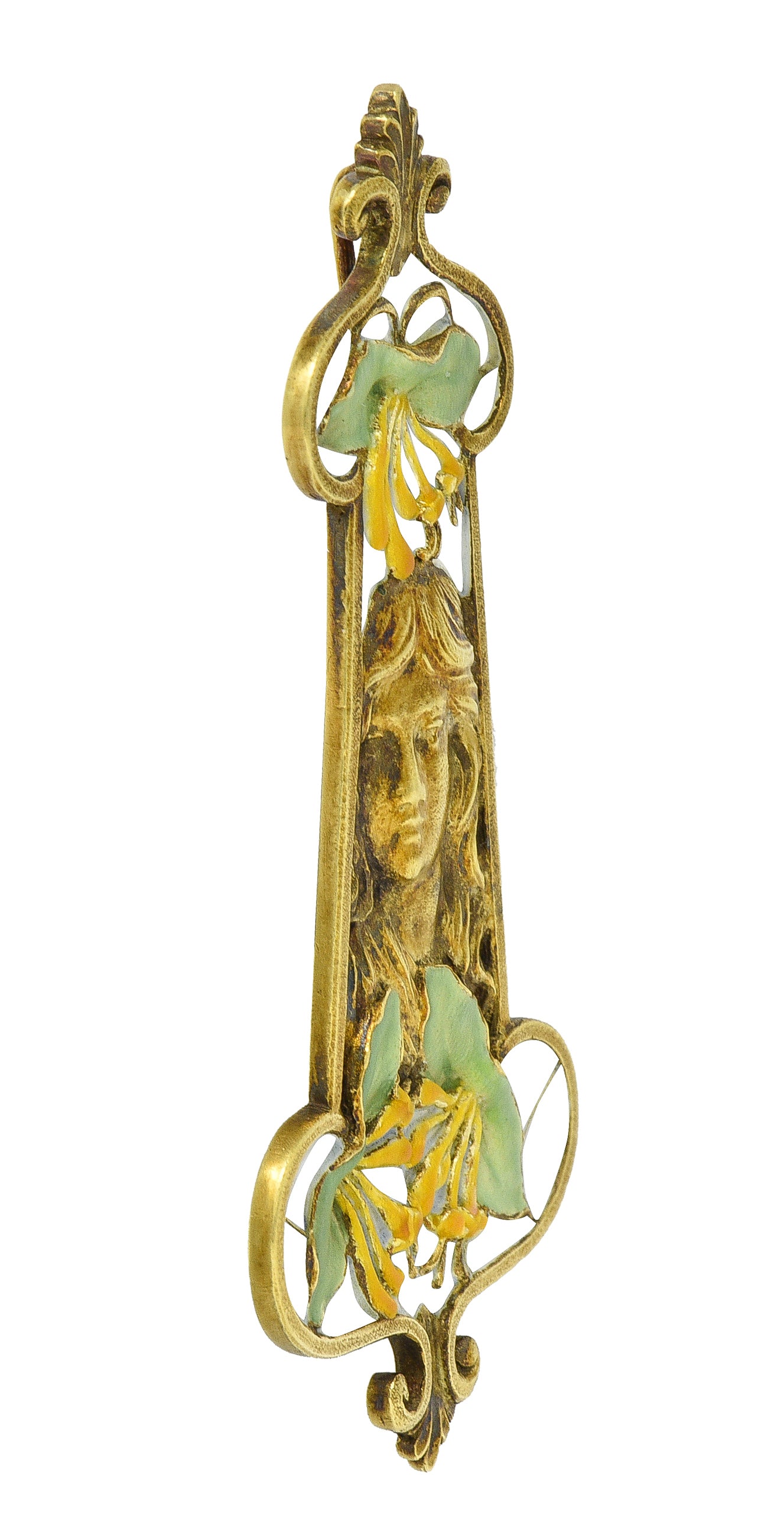 Eugene Feuilltre Art Nouveau Enamel 18 Karat Gold Lily Lady Antique Pendant