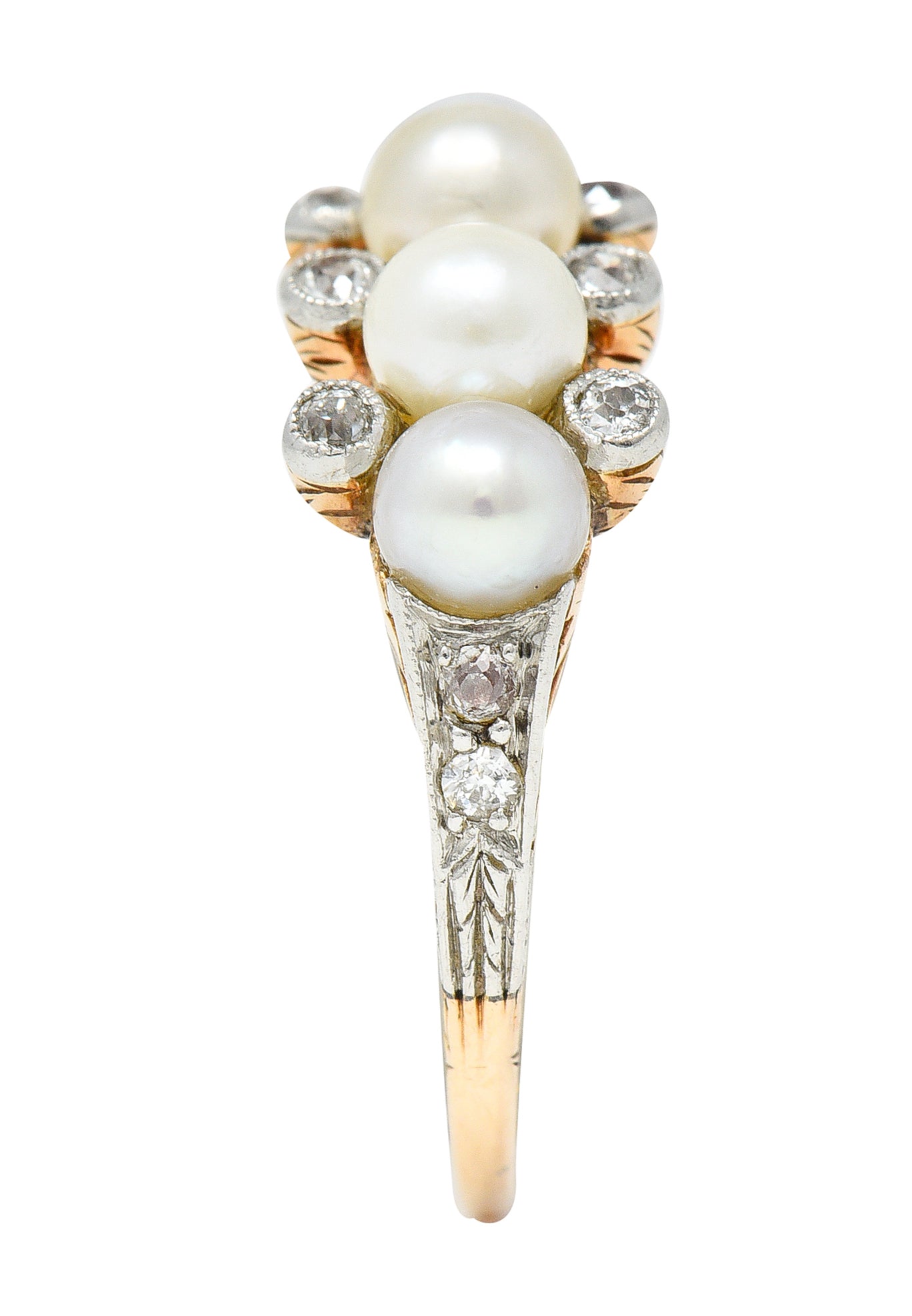 Edwardian Pearl Diamond Platinum-Topped 14 Karat Yellow Gold Antique Band Ring Wilson's Estate Jewelry