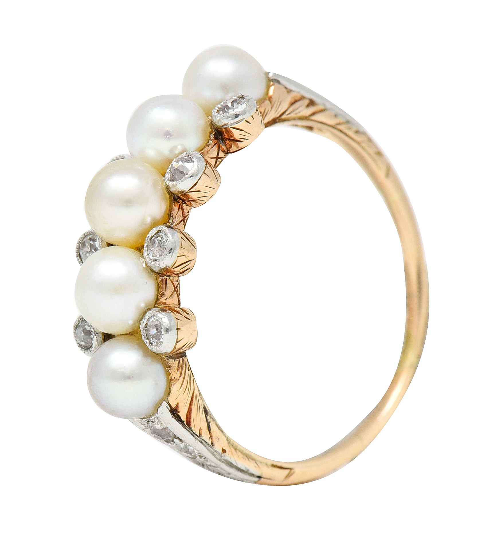 Edwardian Pearl Diamond Platinum-Topped 14 Karat Yellow Gold Antique Band Ring Wilson's Estate Jewelry