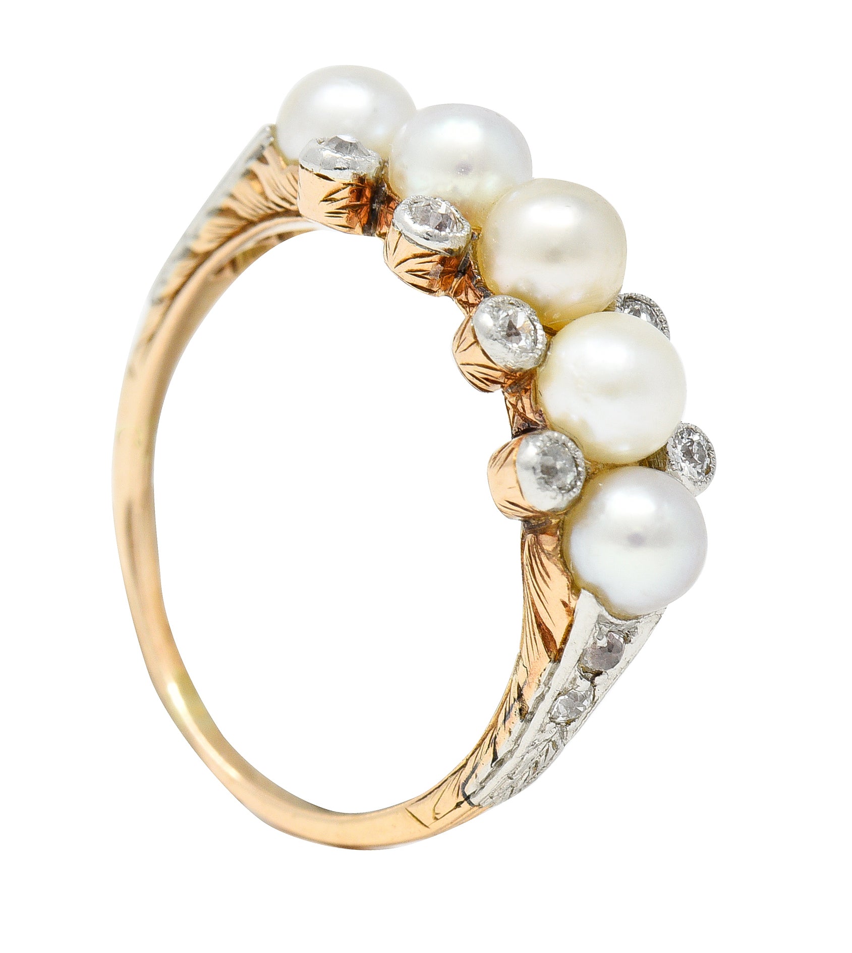 Edwardian Pearl Diamond Platinum-Topped 14 Karat Yellow Gold Antique Band Ring Wilson's Estate Jewelry