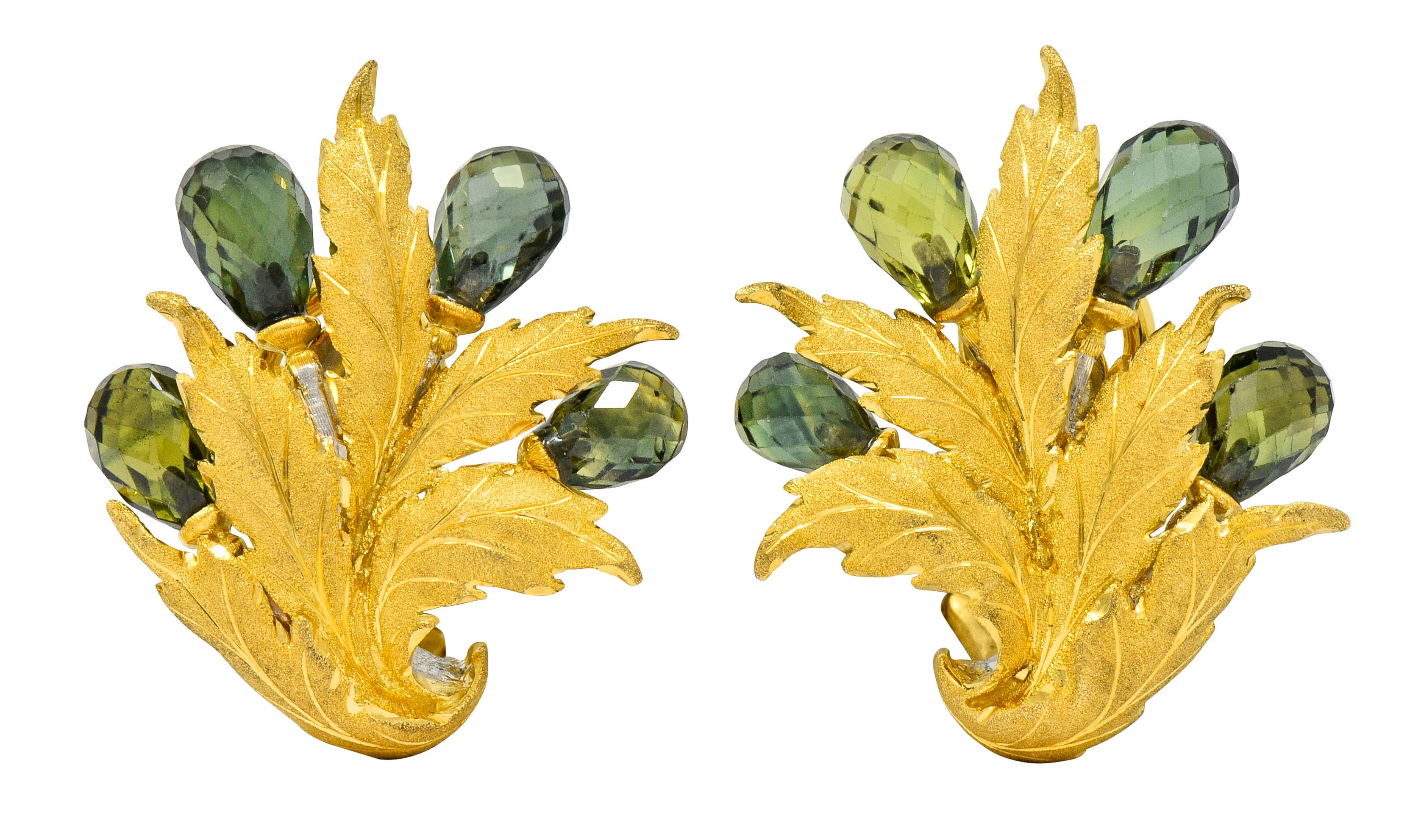 Buccellati Green Sapphire Briolette 18 Karat Two-Tone Gold Leaf Ear-Clip Earrings - Wilson's Estate Jewelry