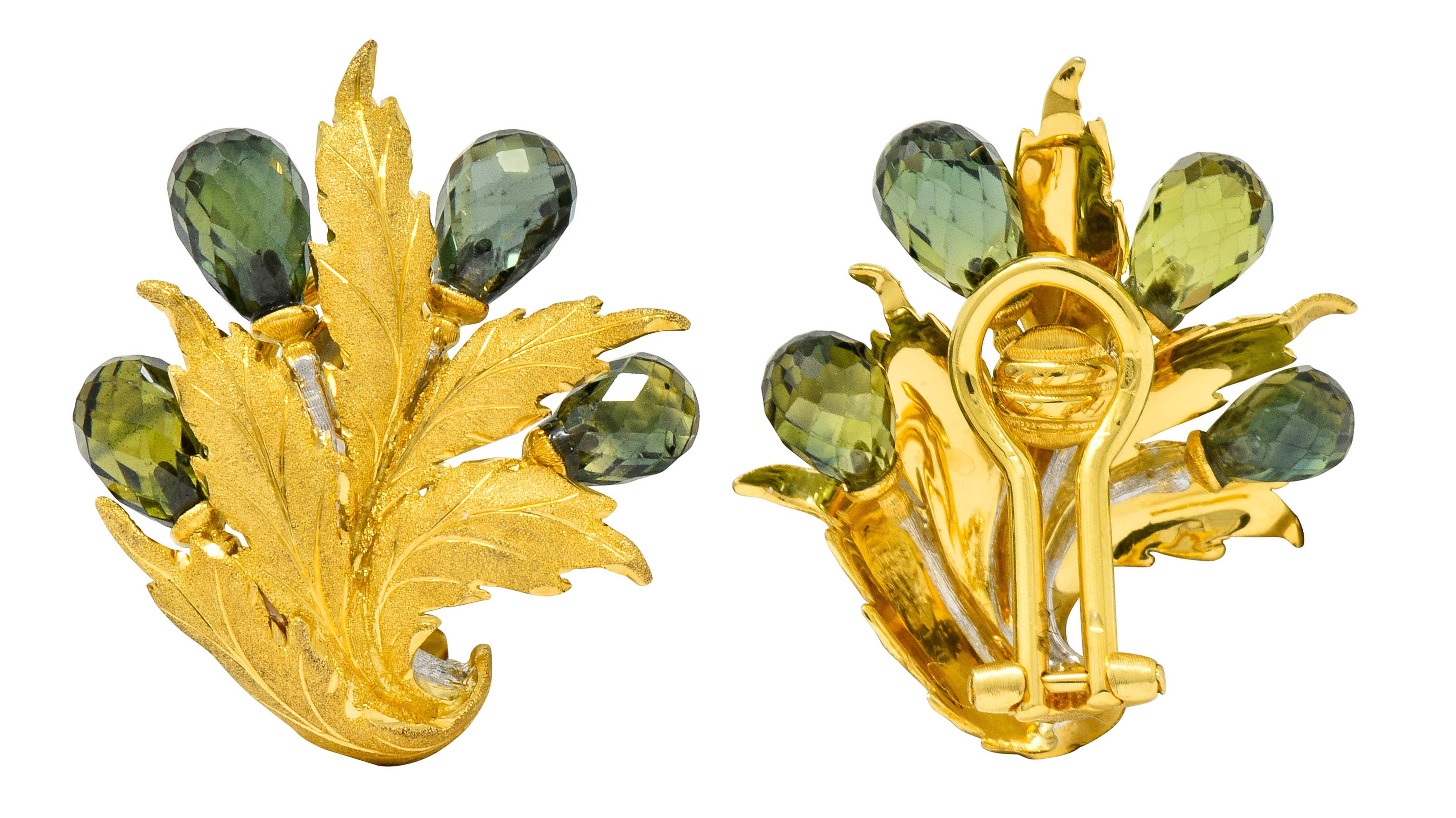 Buccellati Green Sapphire Briolette 18 Karat Two-Tone Gold Leaf Ear-Clip Earrings - Wilson's Estate Jewelry