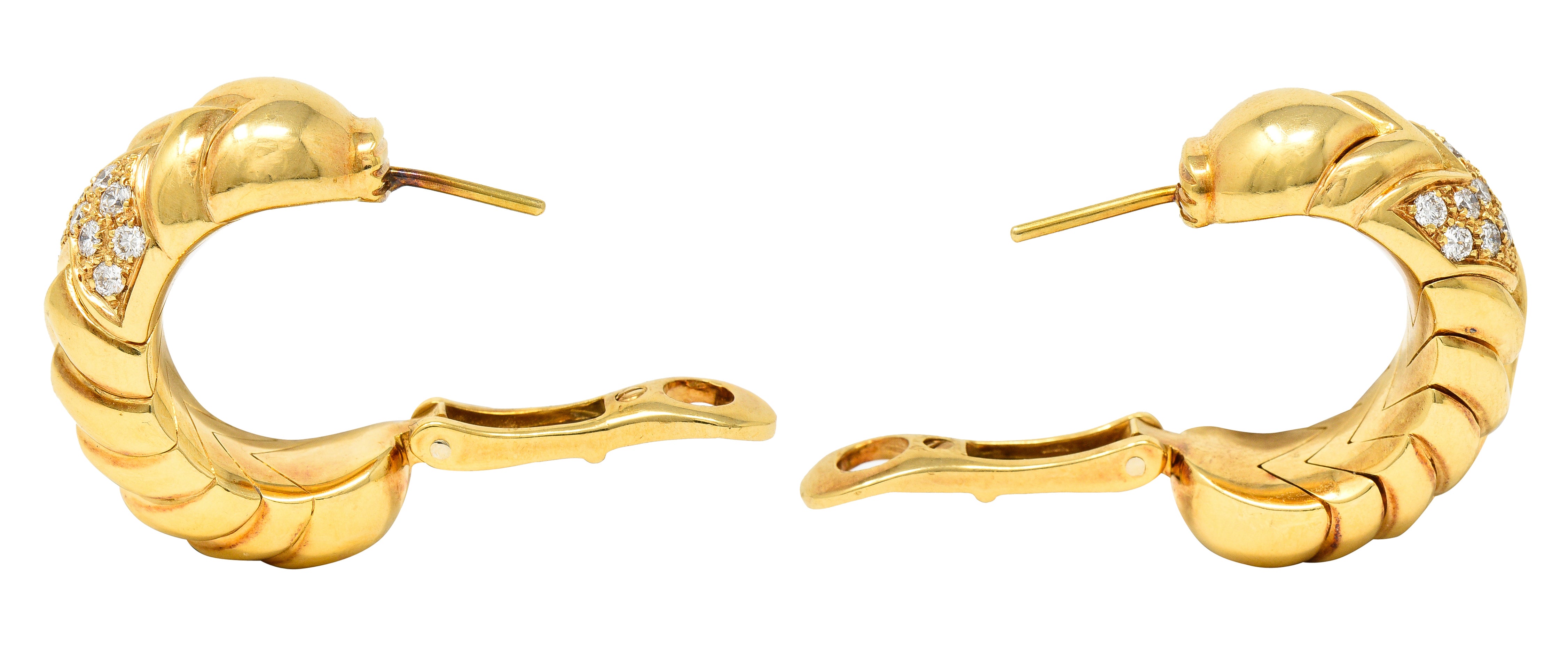 Bulgari Pavé Diamond 18 Karat Yellow Gold Vintage Spiga Half Hoop Earrings Wilson's Estate Jewelry