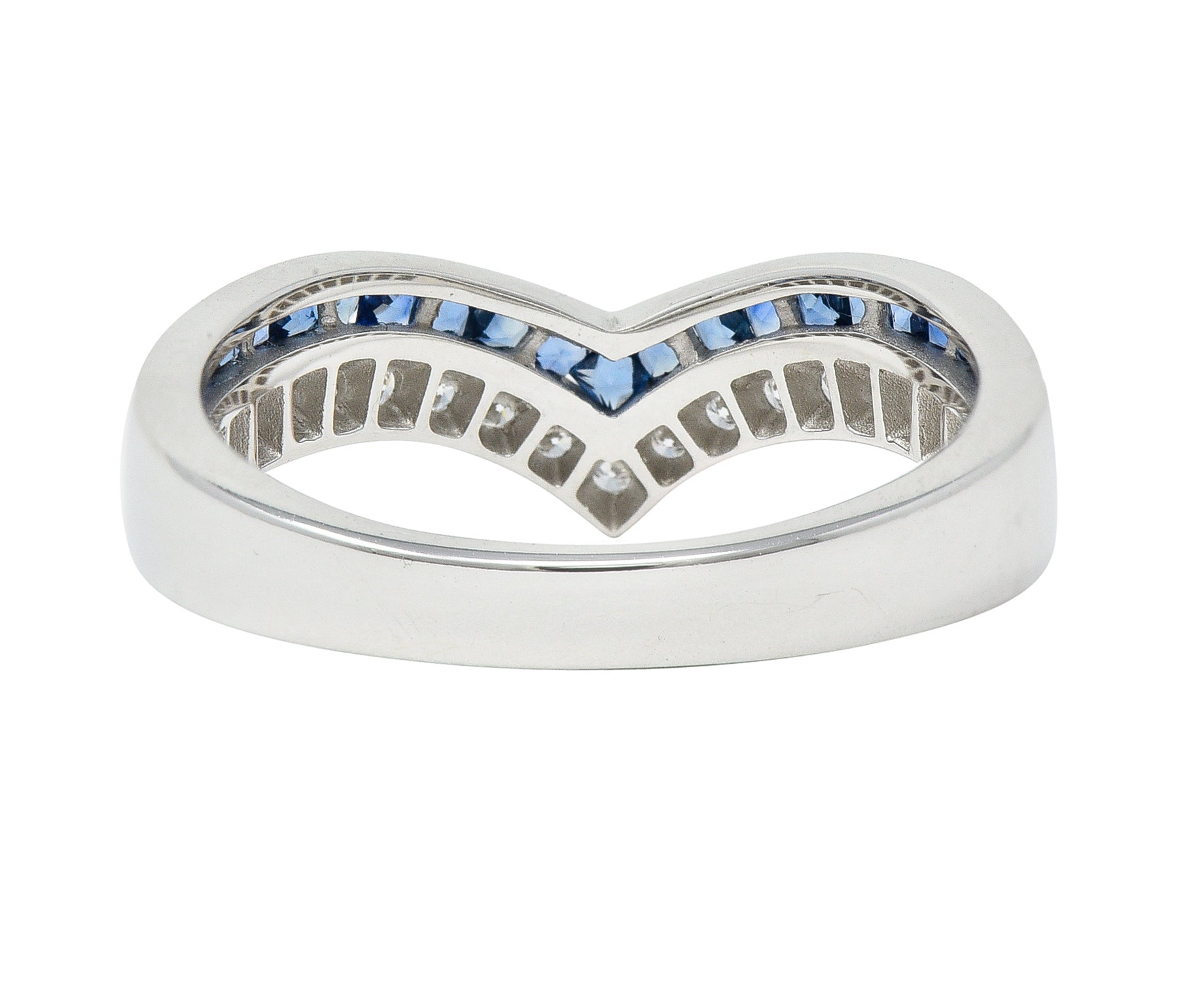 .11111 Contemporary 0.68 CTW French Cut Sapphire Diamond 14 Karat White Gold Chevron Contour Band Ring Wilson's Estate Jewelry