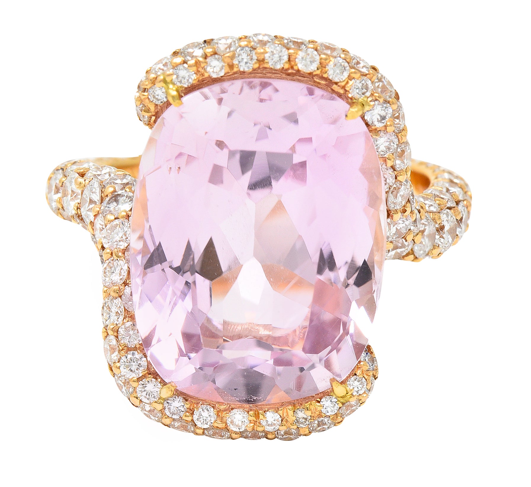 .11111 SH De Grisogono Kunzite Pavé Diamond 18 Karat Rose Gold Bypass Gemstone Ring Wilson's Estate Jewelry