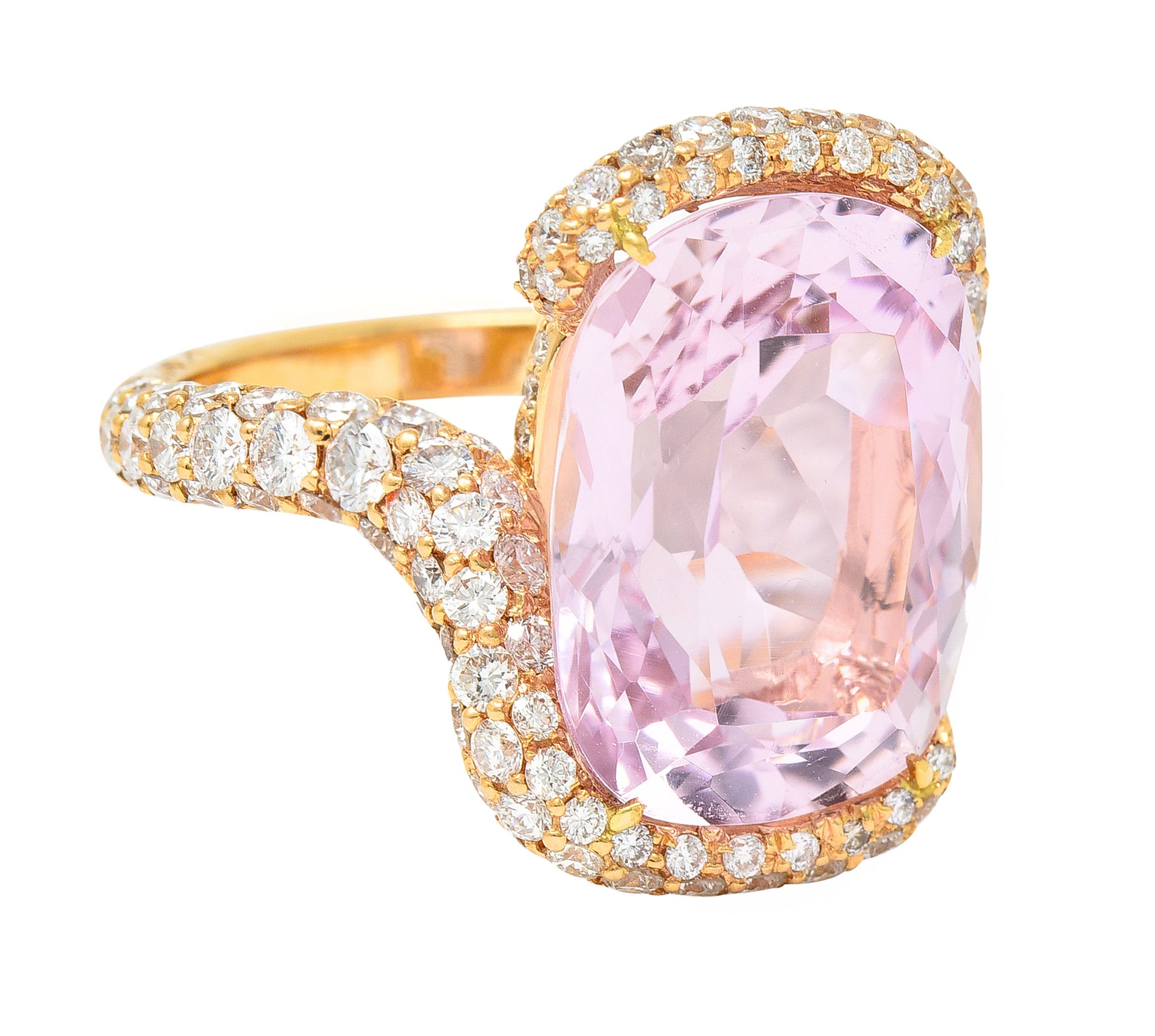 .11111 SH De Grisogono Kunzite Pavé Diamond 18 Karat Rose Gold Bypass Gemstone Ring Wilson's Estate Jewelry