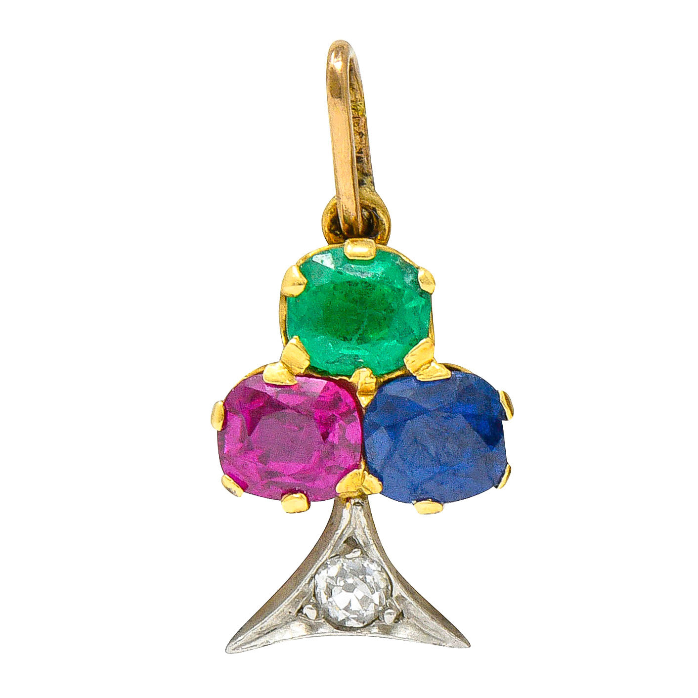 Art Nouveau Sapphire Ruby Diamond Platinum-Topped 18 Karat Gold Clover Charmcharm - Wilson's Estate Jewelry