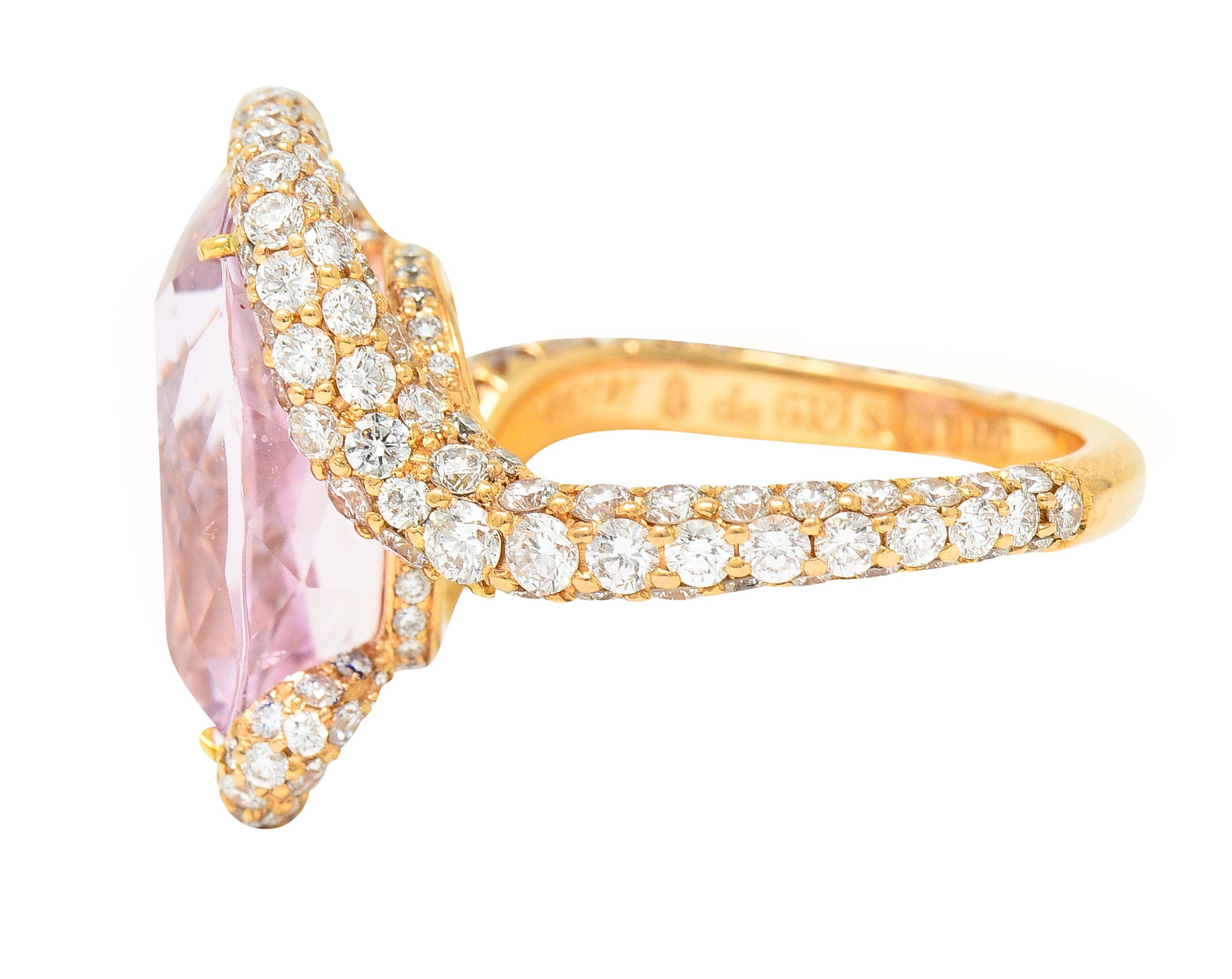 .11111 SH De Grisogono Kunzite Pavé Diamond 18 Karat Rose Gold Bypass Gemstone Ring Wilson's Estate Jewelry