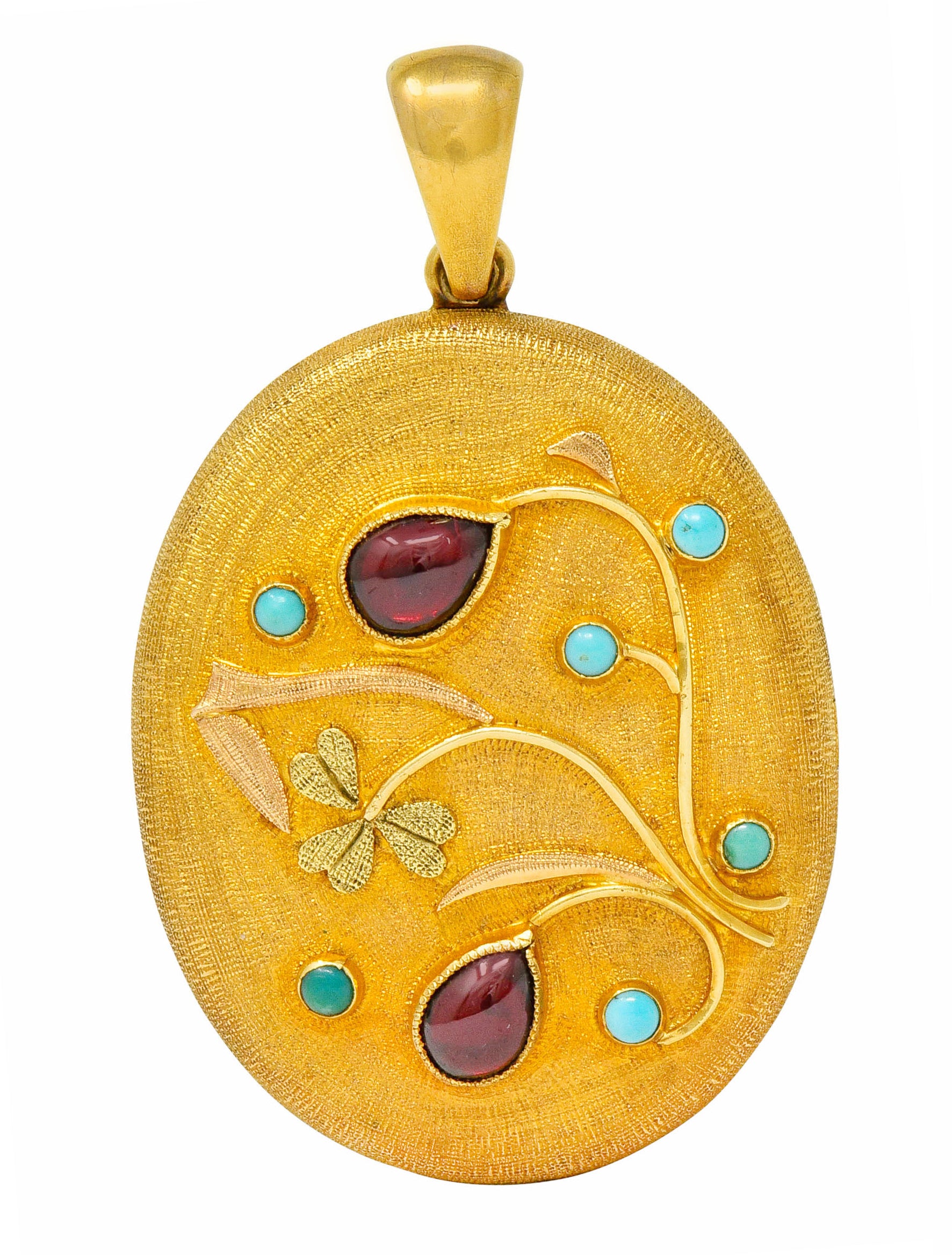 Large Victorian Garnet Turquoise 18 Karat Tri-Colored Gold Floral Locket Pendant - Wilson's Estate Jewelry