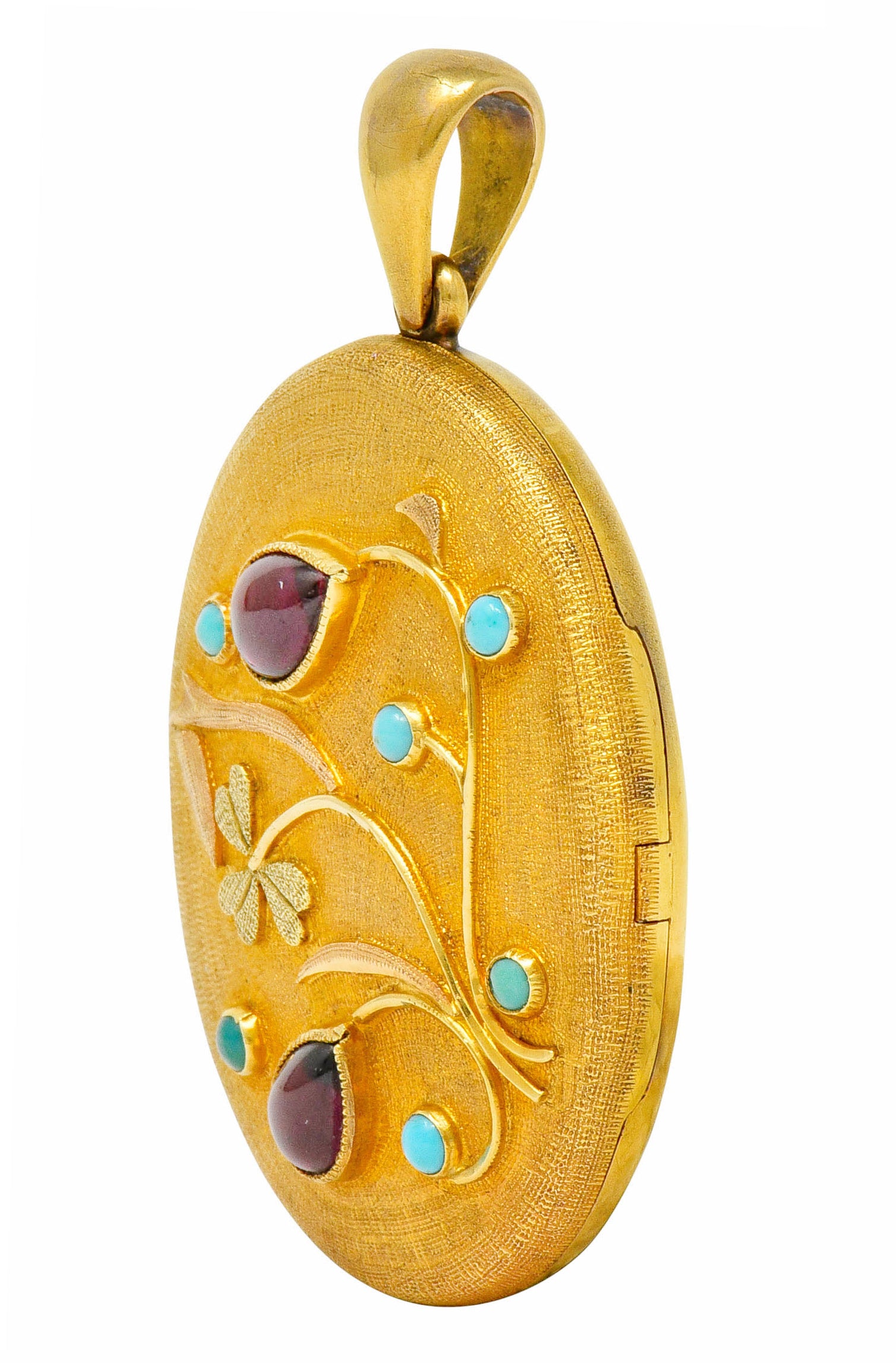 Large Victorian Garnet Turquoise 18 Karat Tri-Colored Gold Floral Locket Pendant - Wilson's Estate Jewelry