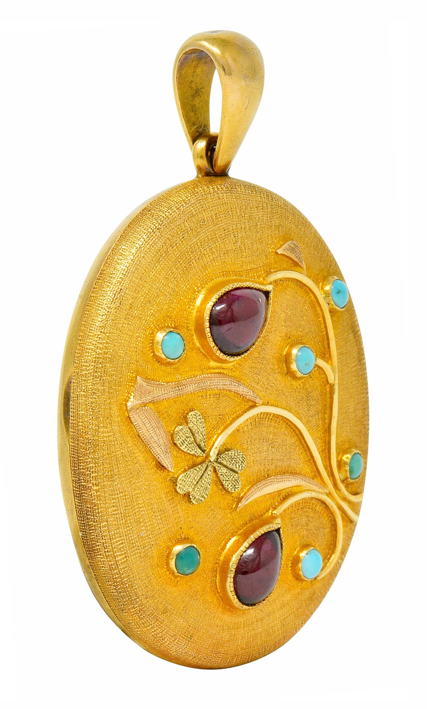 Large Victorian Garnet Turquoise 18 Karat Tri-Colored Gold Floral Locket Pendant - Wilson's Estate Jewelry