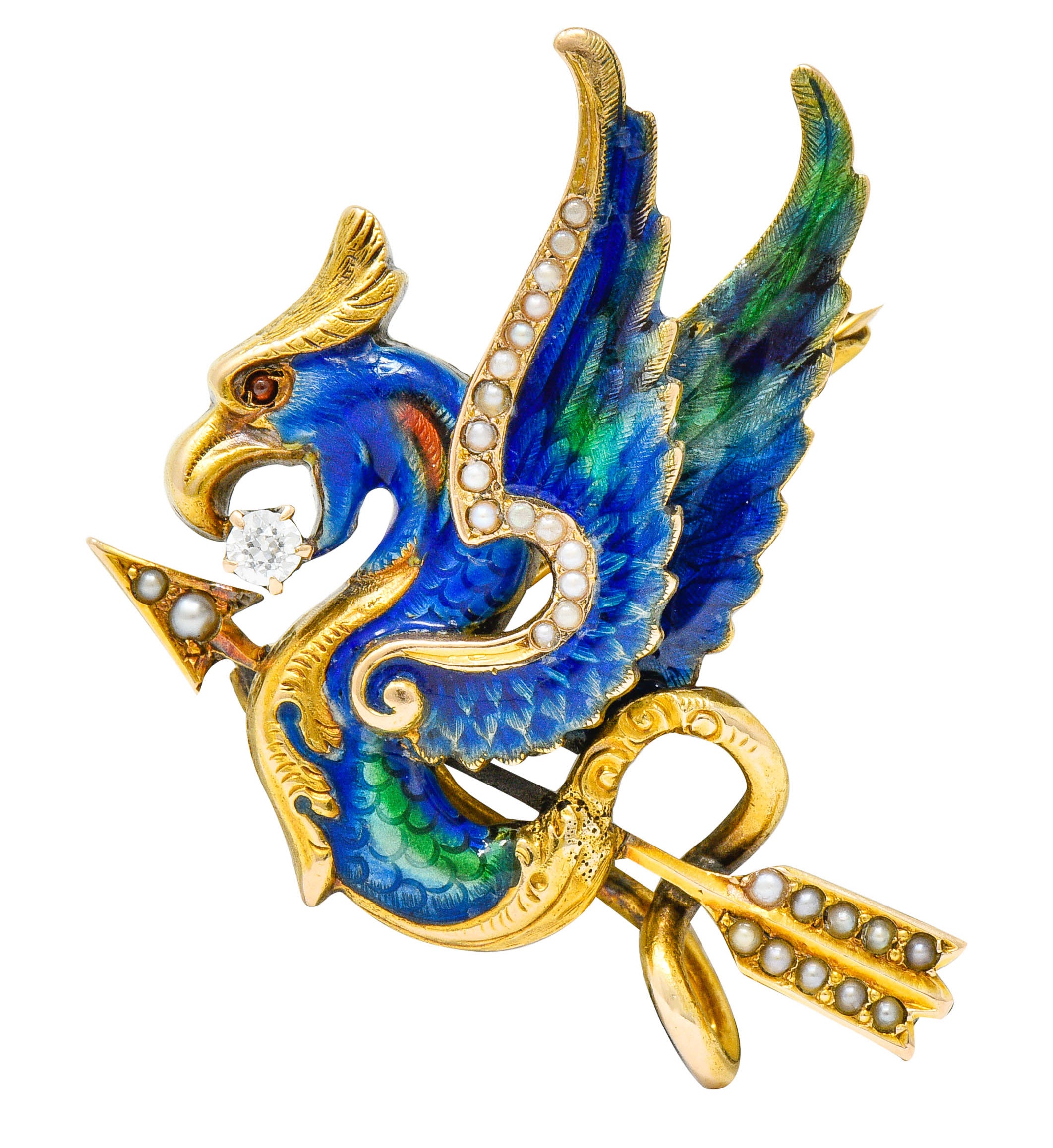 Riker Brothers Diamond Enamel Natural Freshwater Pearl 14 Karat Gold Dragon Basilisk BroochBrooch - Wilson's Estate Jewelry