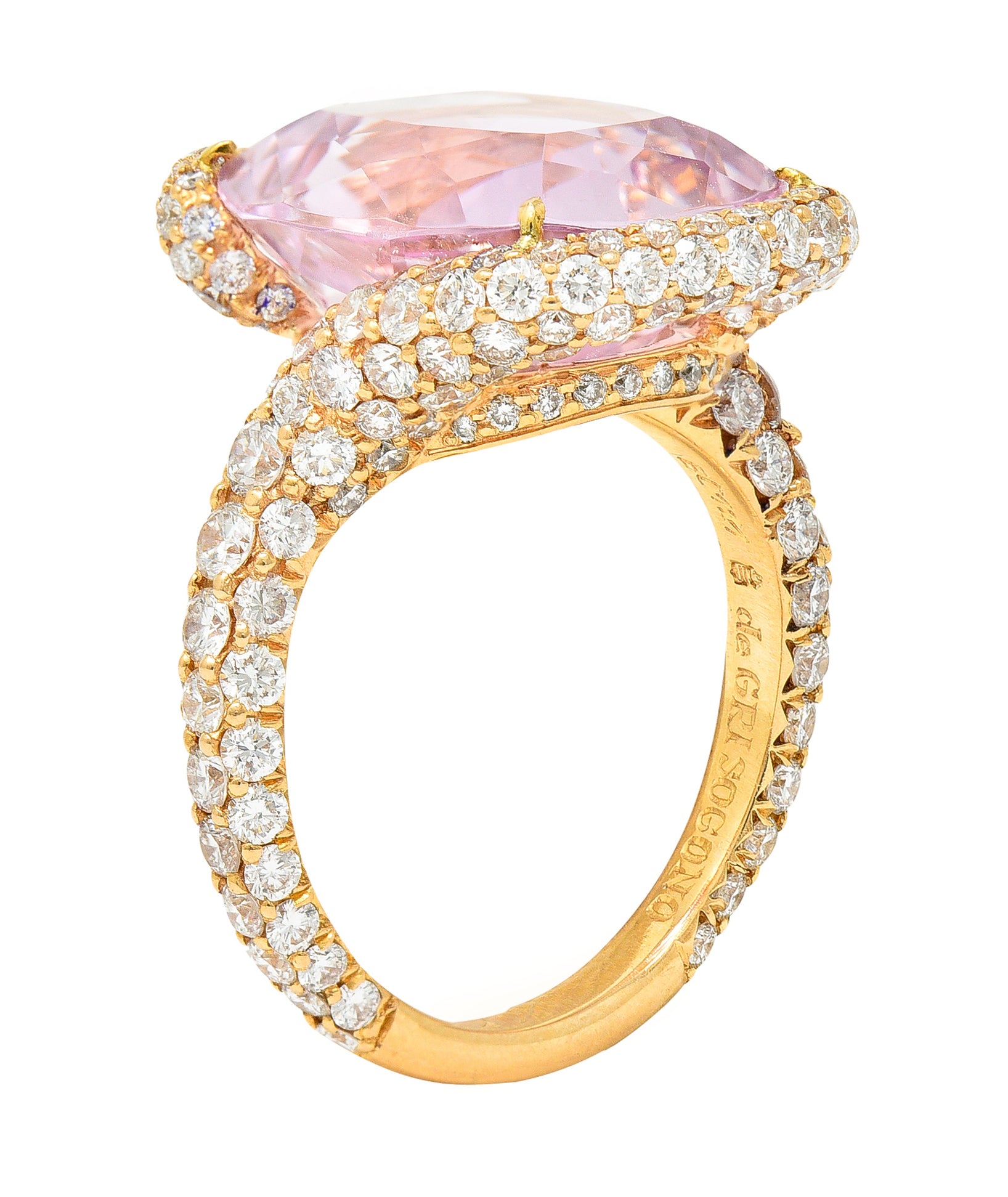 .11111 SH De Grisogono Kunzite Pavé Diamond 18 Karat Rose Gold Bypass Gemstone Ring Wilson's Estate Jewelry