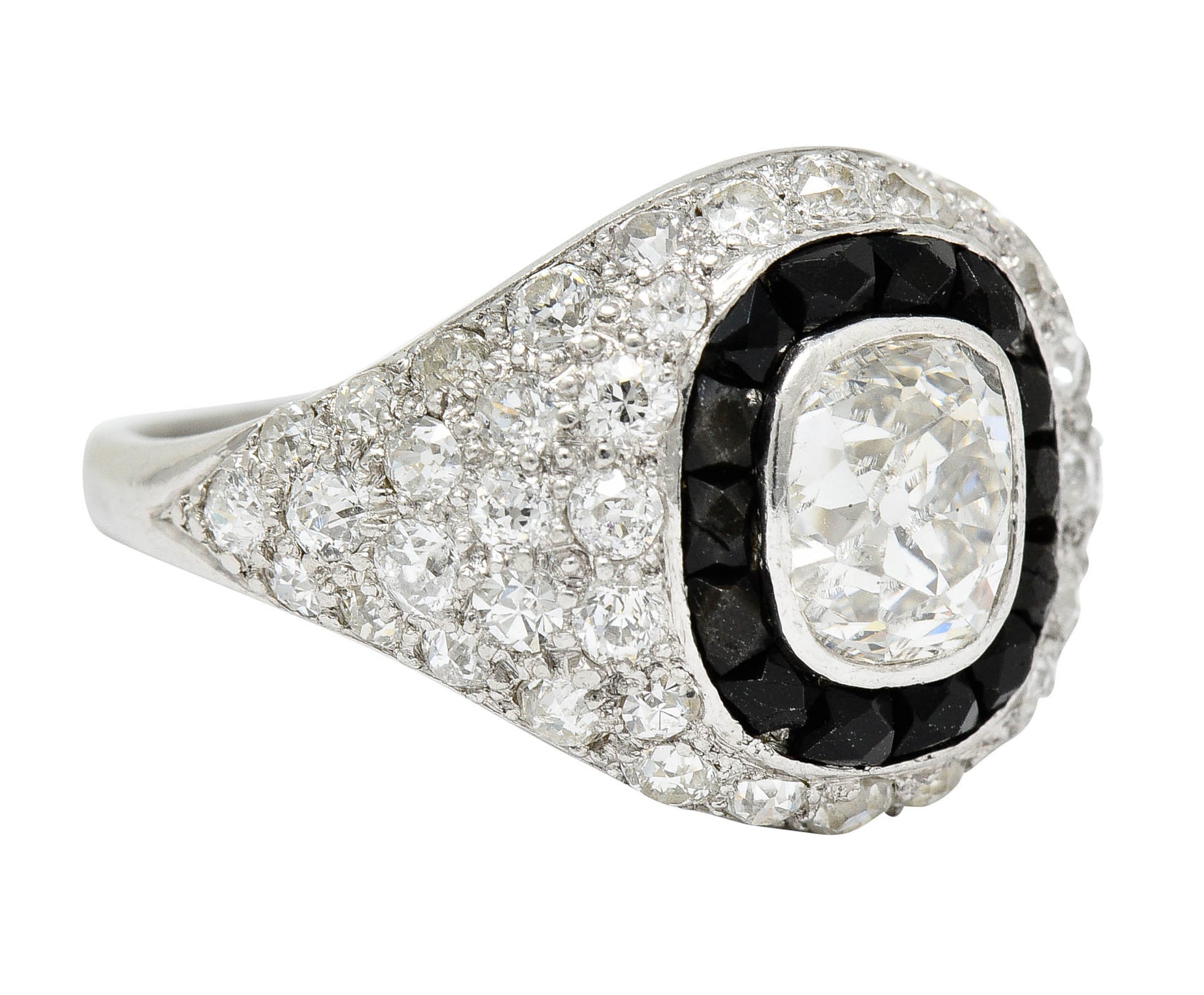 Art Deco Onyx Halo 2.70 CTW Diamond Platinum Bombe Band RingRing - Wilson's Estate Jewelry