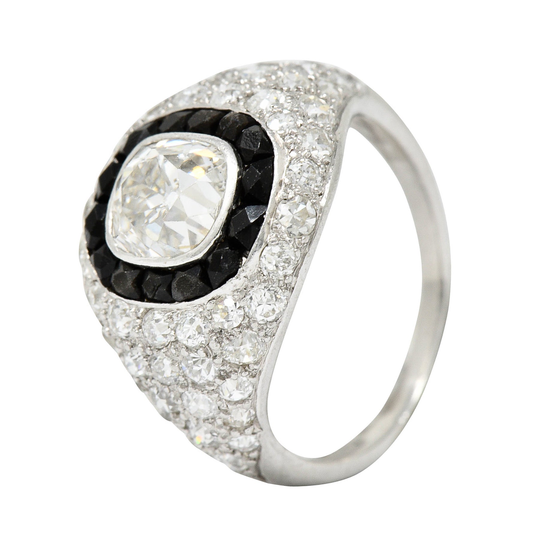 Art Deco Onyx Halo 2.70 CTW Diamond Platinum Bombe Band RingRing - Wilson's Estate Jewelry