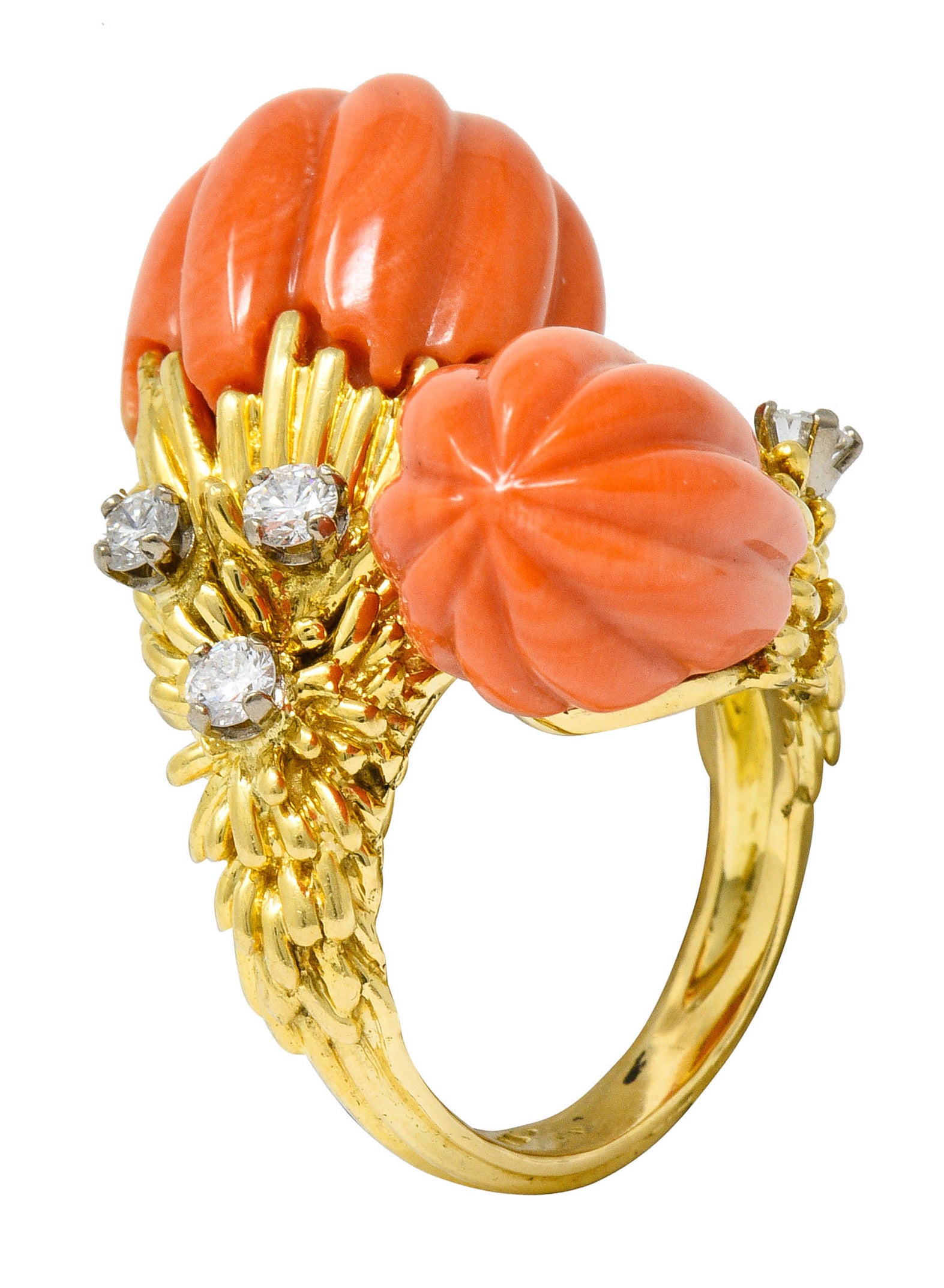 1968 Kutchinsky Diamond Coral 18 Karat Gold Vintage Bypass RingRing - Wilson's Estate Jewelry