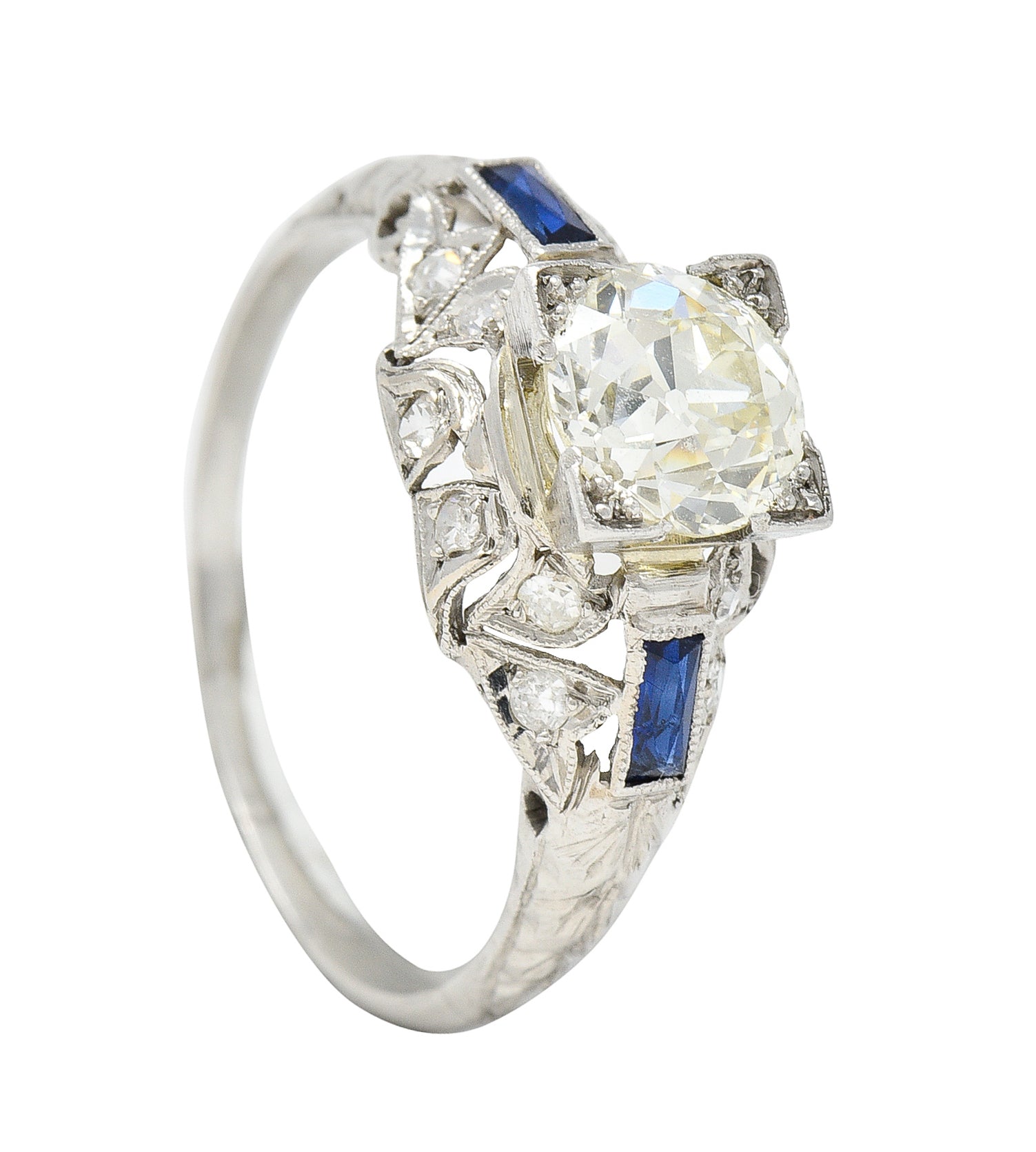 Art Deco 1.51 CTW Old European Cut Diamond Sapphire Platinum Ivy Square Form Engagement Ring Wilson's Estate Jewelry