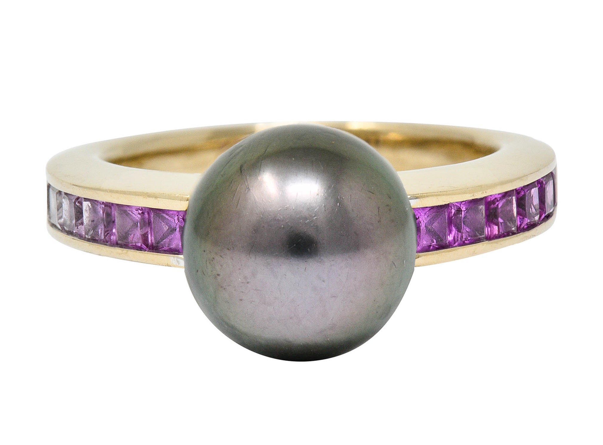 Mikimoto Tahitian Pearl Pink Sapphire 18 Karat White Gold Band RingRing - Wilson's Estate Jewelry