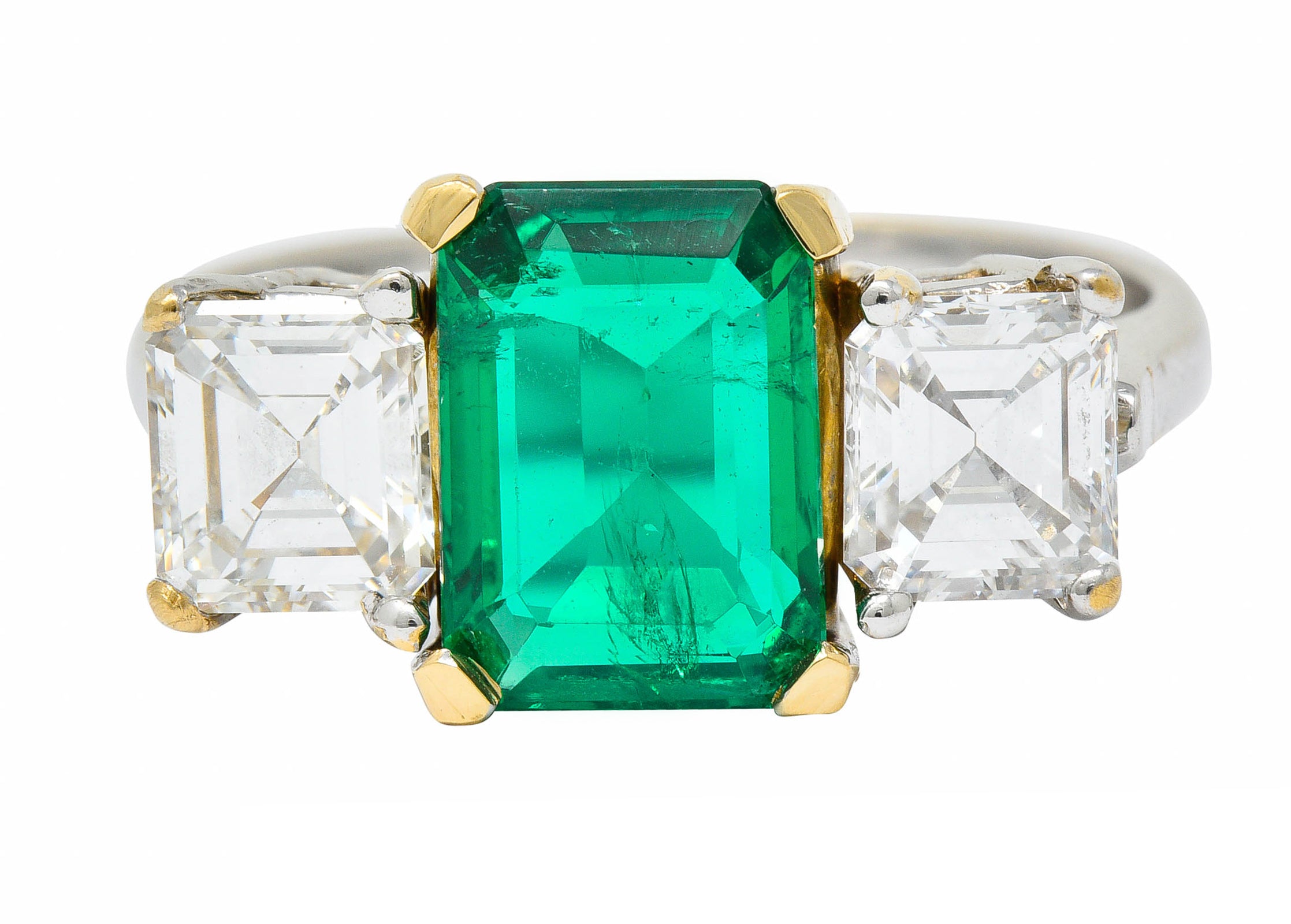 Mid-Century 3.28 CTW Colombian Emerald Asscher Diamond 18 Karat Gold Ring AGLRing - Wilson's Estate Jewelry