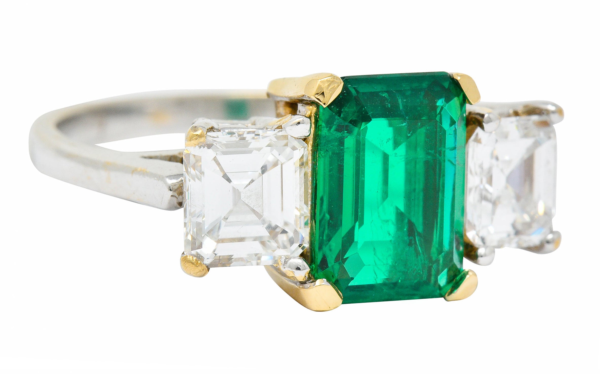 Mid-Century 3.28 CTW Colombian Emerald Asscher Diamond 18 Karat Gold Ring AGLRing - Wilson's Estate Jewelry