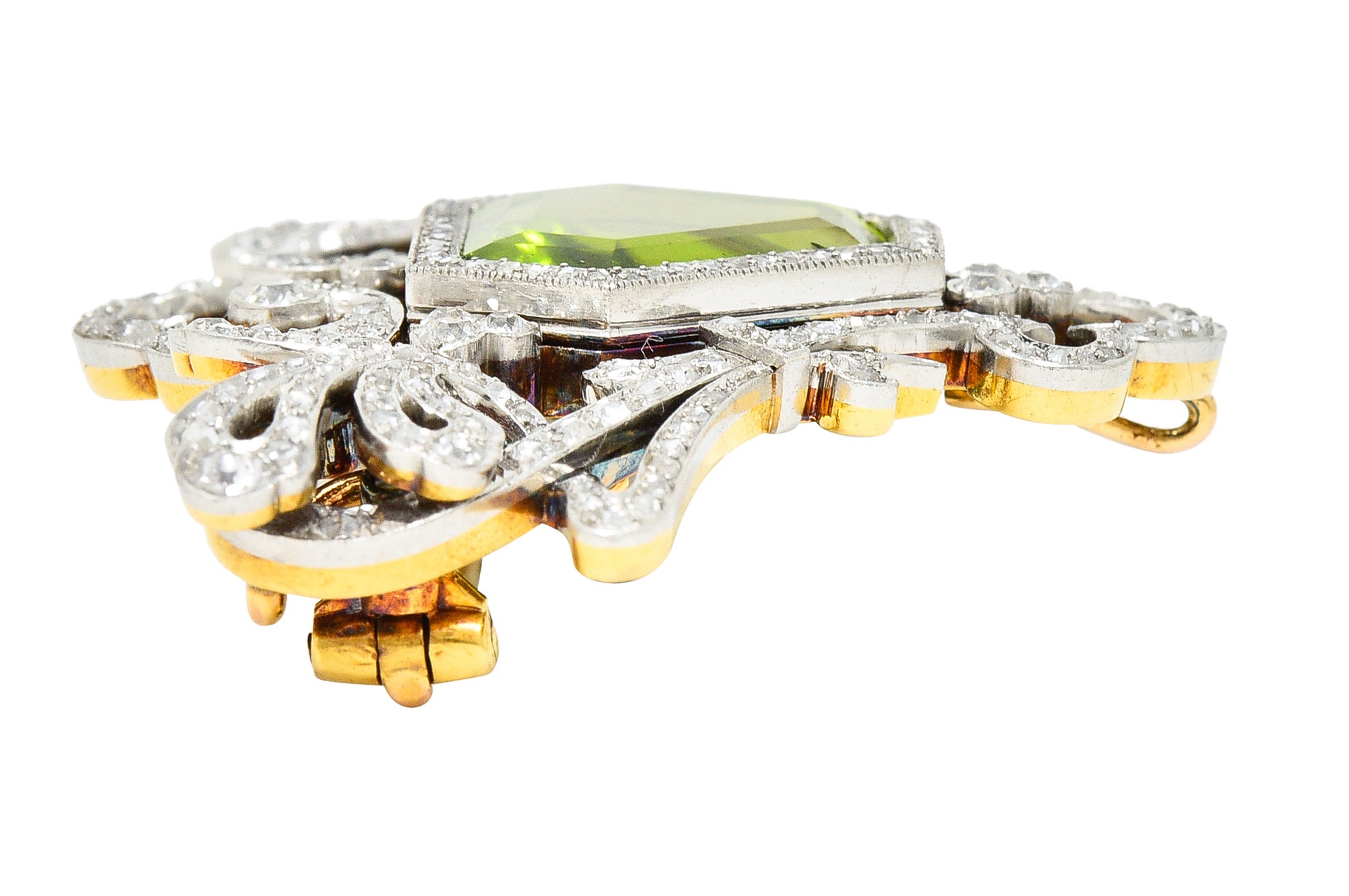 Belle Époque 10.00 CTW Peridot Diamond Platinum-Topped 18 Karat Yellow Gold Antique Pendant Brooch Wilson's Estate Jewelry