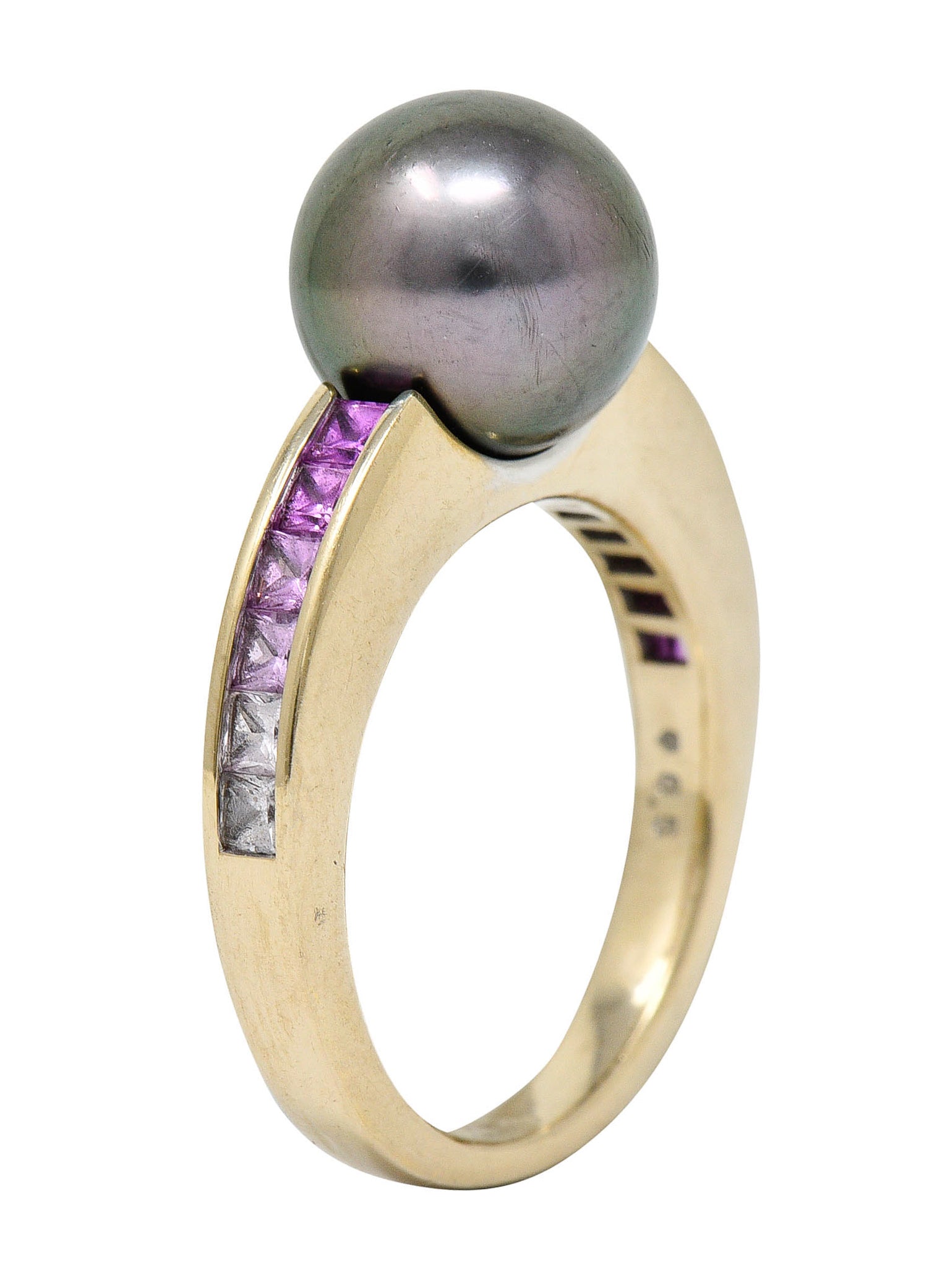 Mikimoto Tahitian Pearl Pink Sapphire 18 Karat White Gold Band RingRing - Wilson's Estate Jewelry