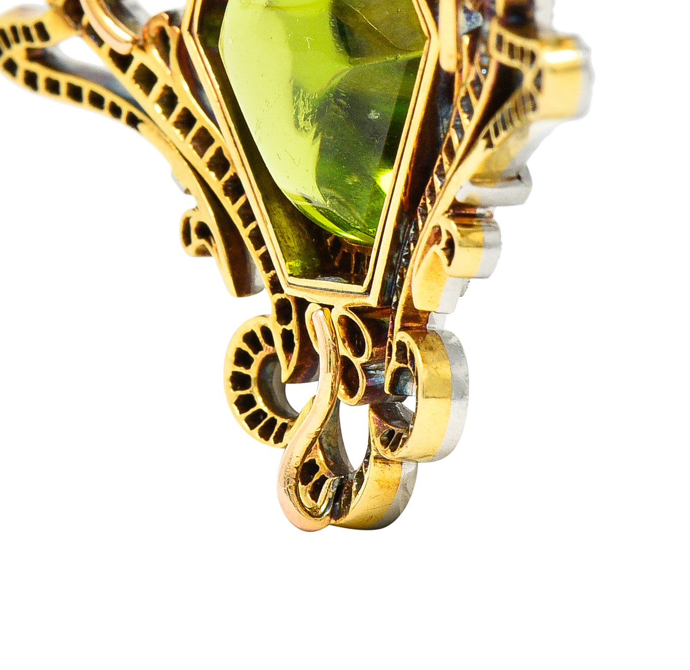 Belle Époque 10.00 CTW Peridot Diamond Platinum-Topped 18 Karat Yellow Gold Antique Pendant Brooch Wilson's Estate Jewelry