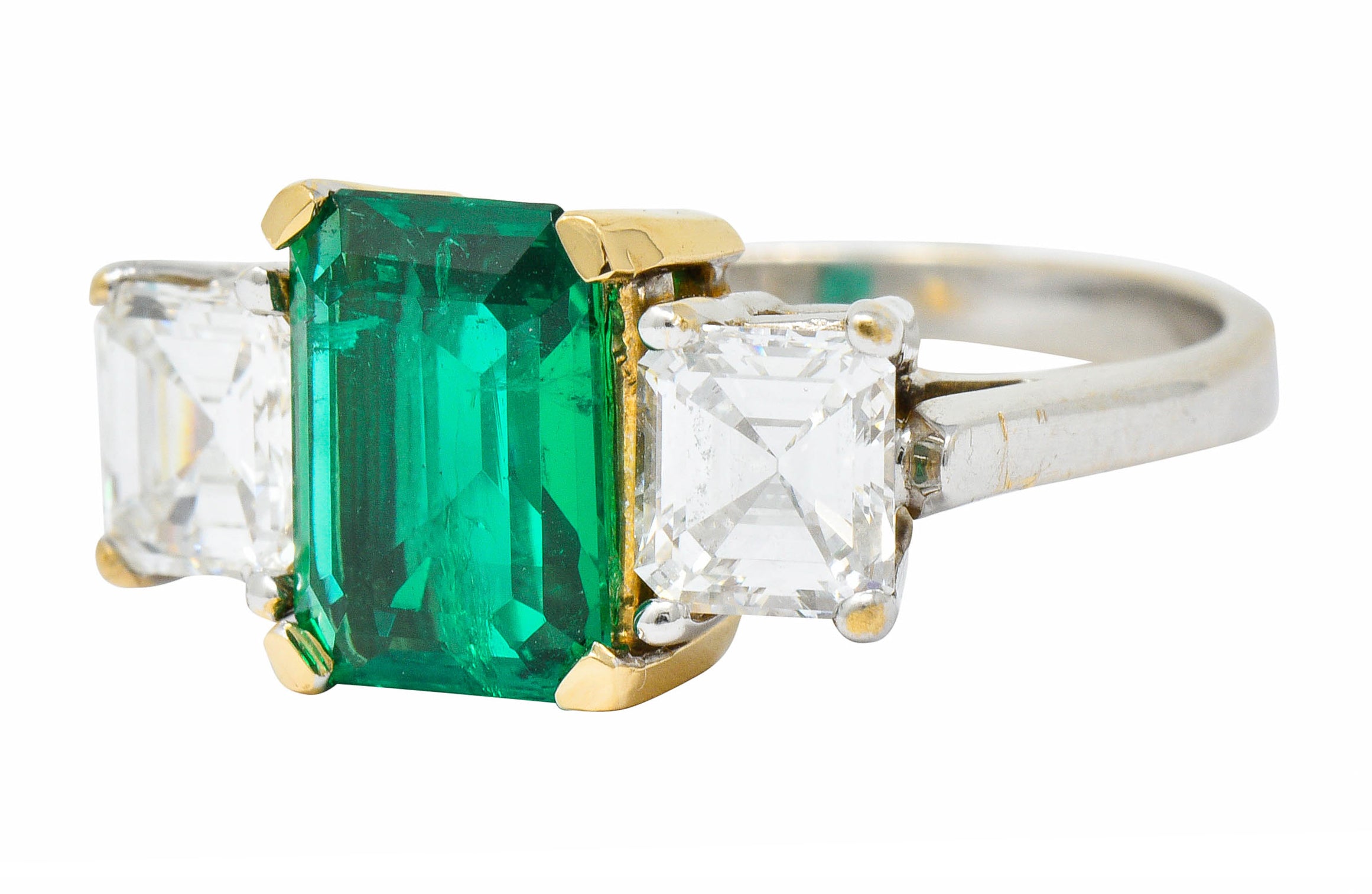 Mid-Century 3.28 CTW Colombian Emerald Asscher Diamond 18 Karat Gold Ring AGLRing - Wilson's Estate Jewelry