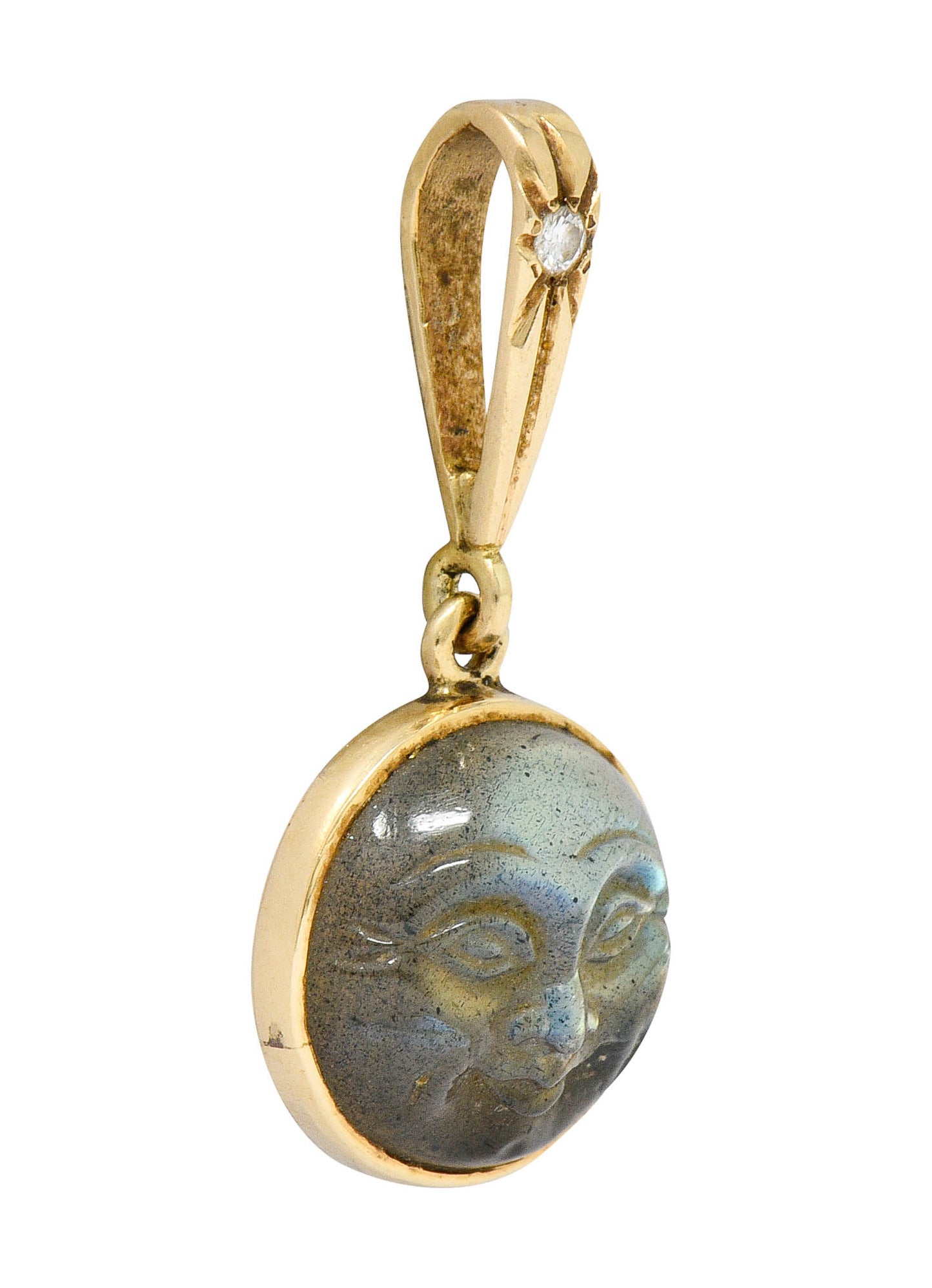 Art Nouveau Labradorite Diamond 14 Karat Gold Man-In-Moon Charmcharm - Wilson's Estate Jewelry