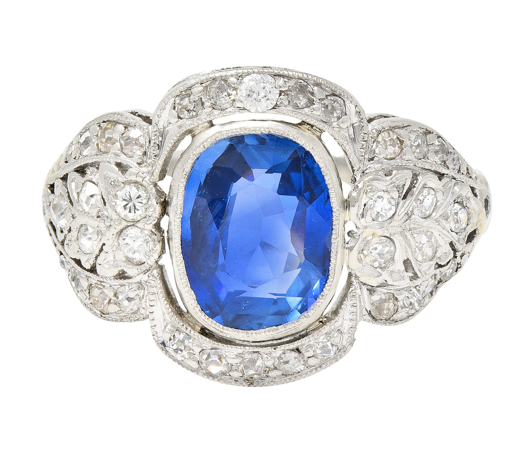 Edwardian 2.56 CTW Cushion Cut No Heat Burma Sapphire Diamond Platinum Foliate Antique Dinner Ring AGL Wilson's Estate Jewelry