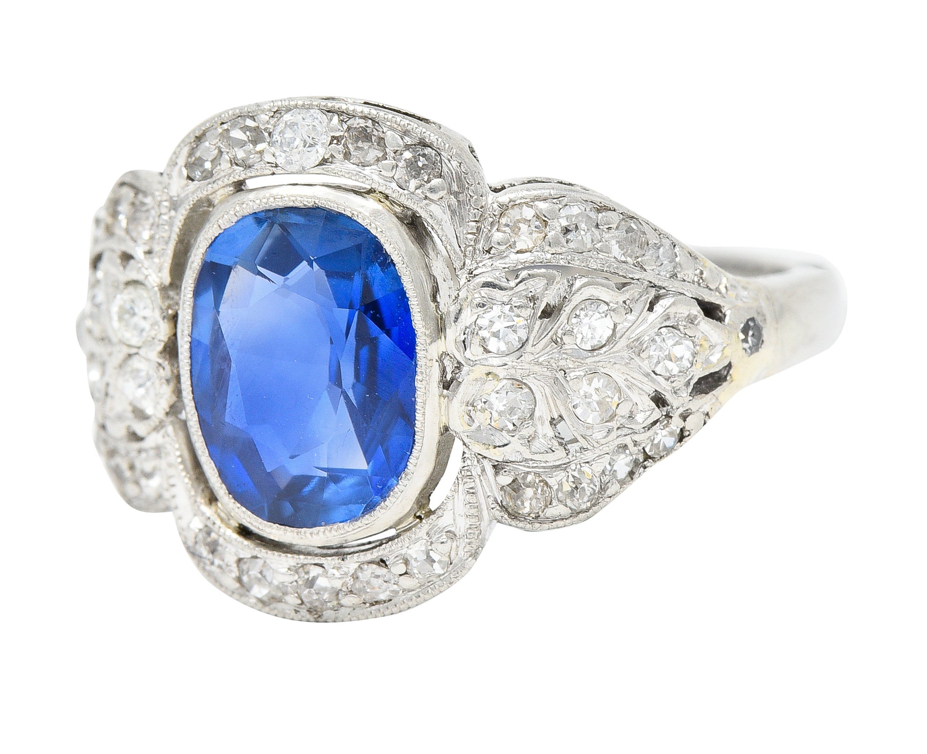 Edwardian 2.56 CTW Cushion Cut No Heat Burma Sapphire Diamond Platinum Foliate Antique Dinner Ring AGL Wilson's Estate Jewelry