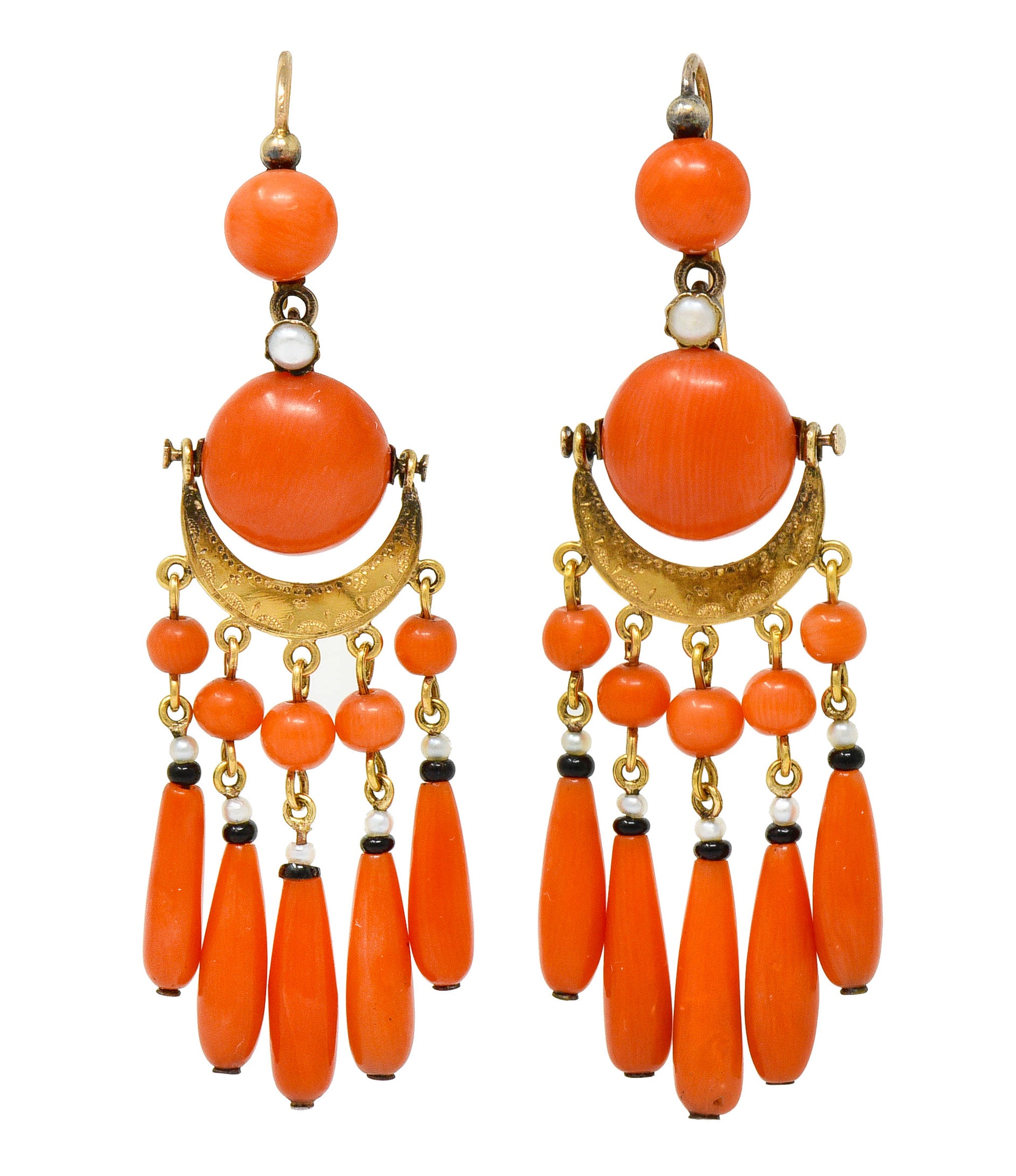 Victorian Etruscan Revival Coral Pearl Onyx 18 Karat Gold Chandelier Earrings - Wilson's Estate Jewelry