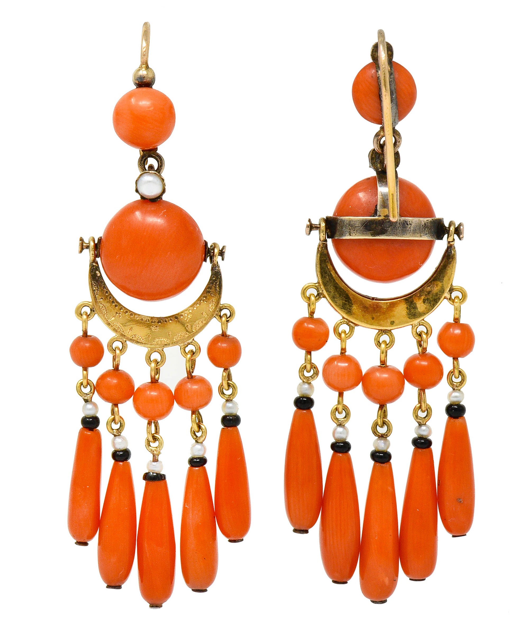 Victorian Etruscan Revival Coral Pearl Onyx 18 Karat Gold Chandelier Earrings - Wilson's Estate Jewelry