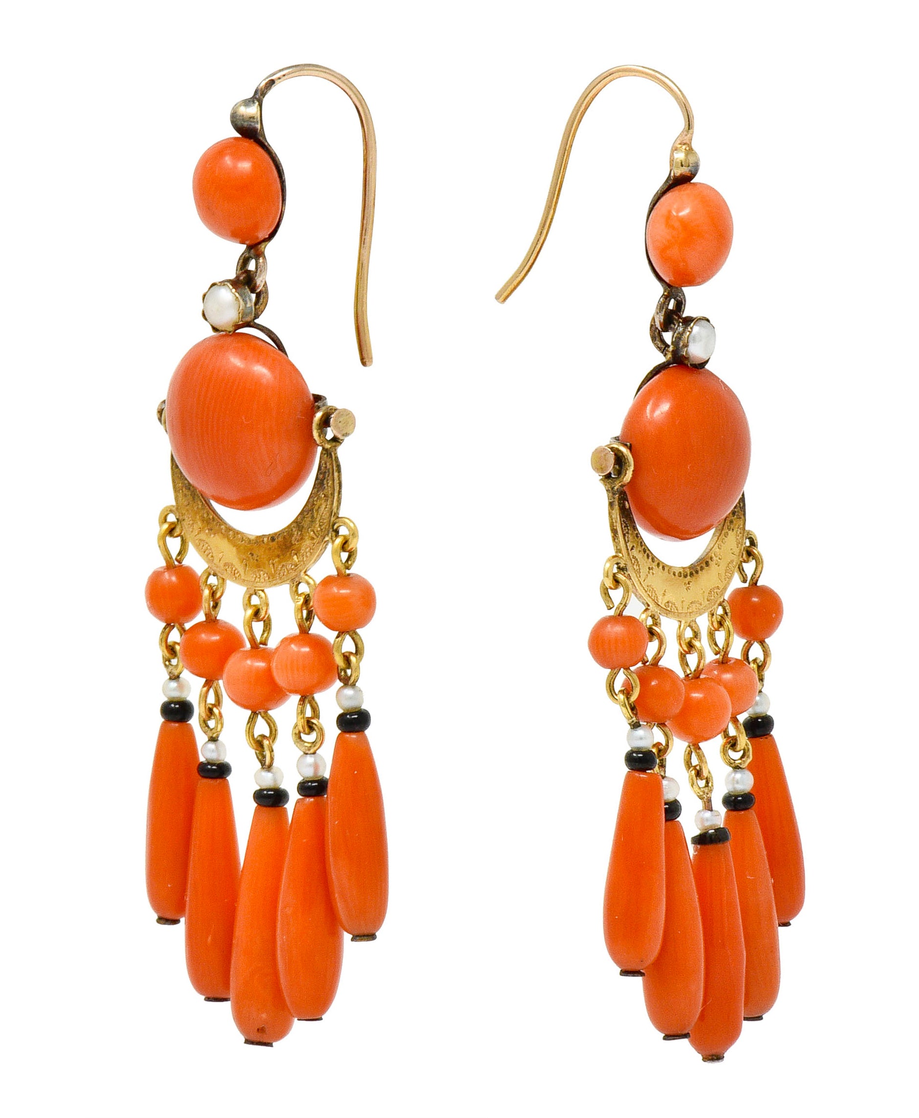 Victorian Etruscan Revival Coral Pearl Onyx 18 Karat Gold Chandelier Earrings - Wilson's Estate Jewelry