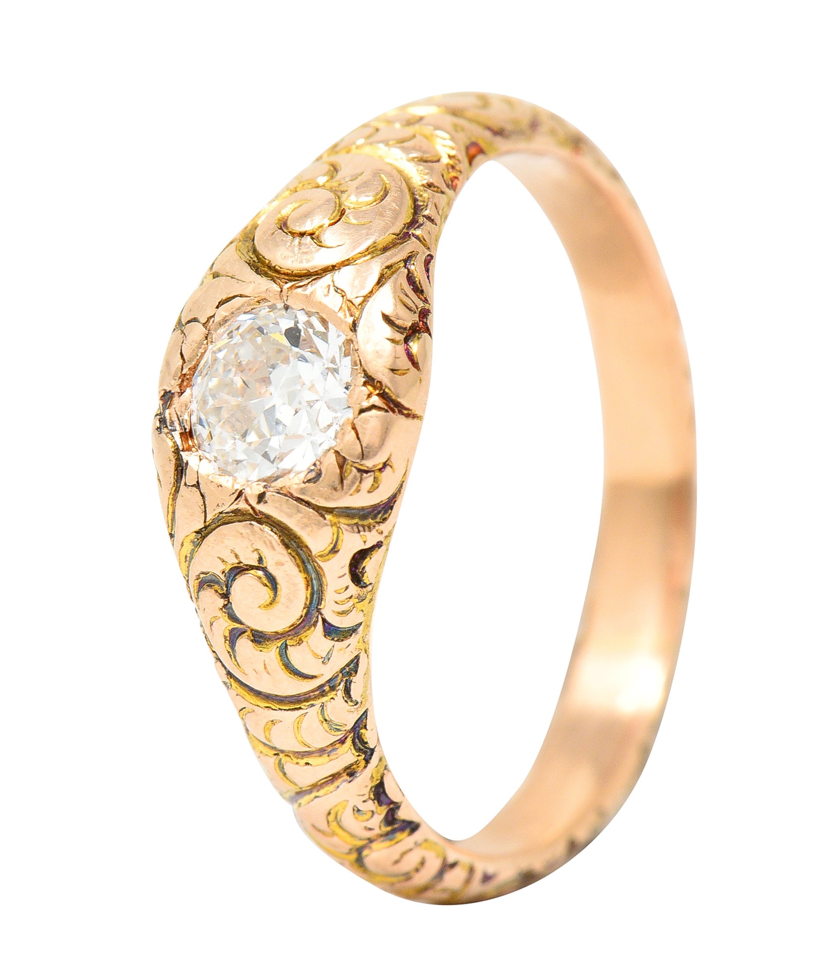 1880's Victorian 0.41 CTW Old Mine Diamond 14 Karat Yellow Gold Unisex Antique Gypsy Band Ring Wilson's Estate Jewelry