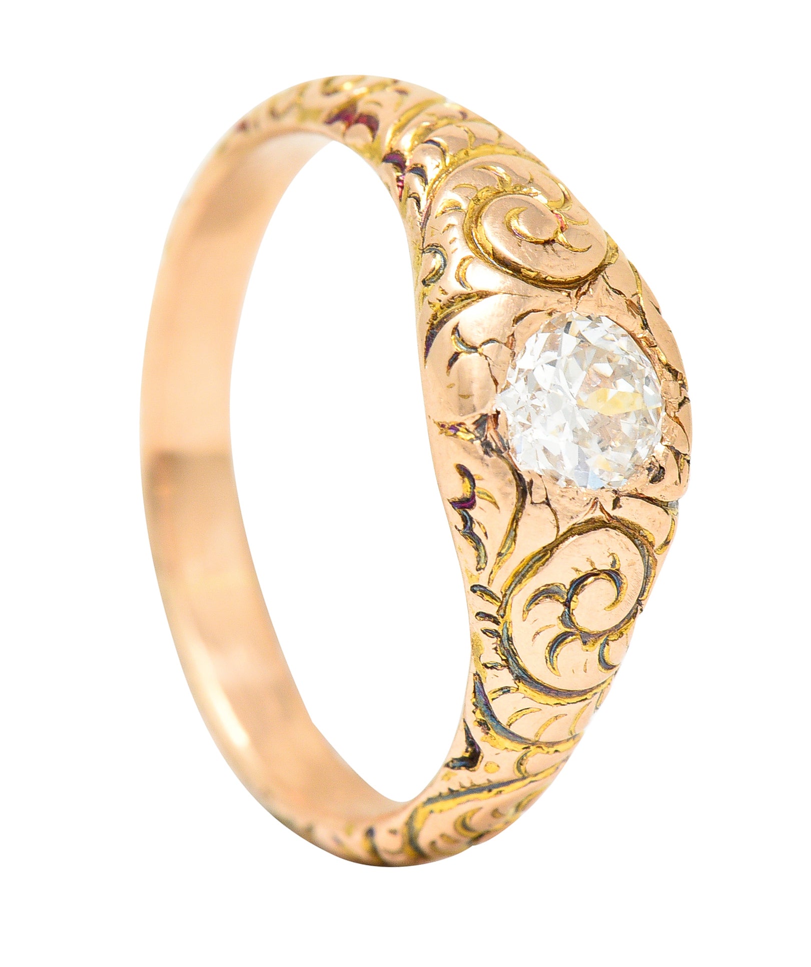 1880's Victorian 0.41 CTW Old Mine Diamond 14 Karat Yellow Gold Unisex Antique Gypsy Band Ring Wilson's Estate Jewelry