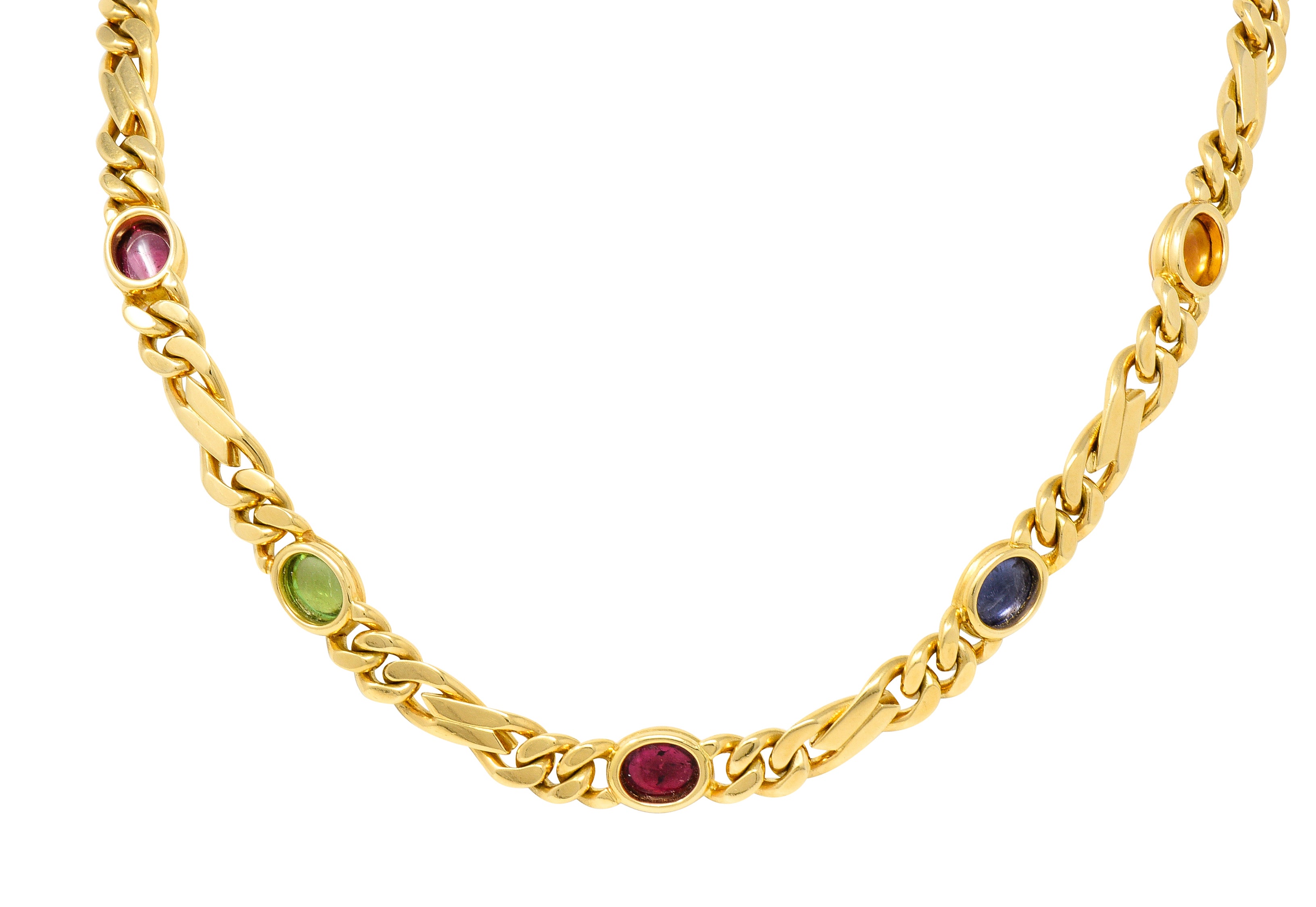 .11111 Bulgari 1980's Citrine Sapphire Tourmaline Cabochon 18 Karat Yellow Gold Figaro Chain Vintage Multi-Gem Necklace Wilson's Estate Jewelry