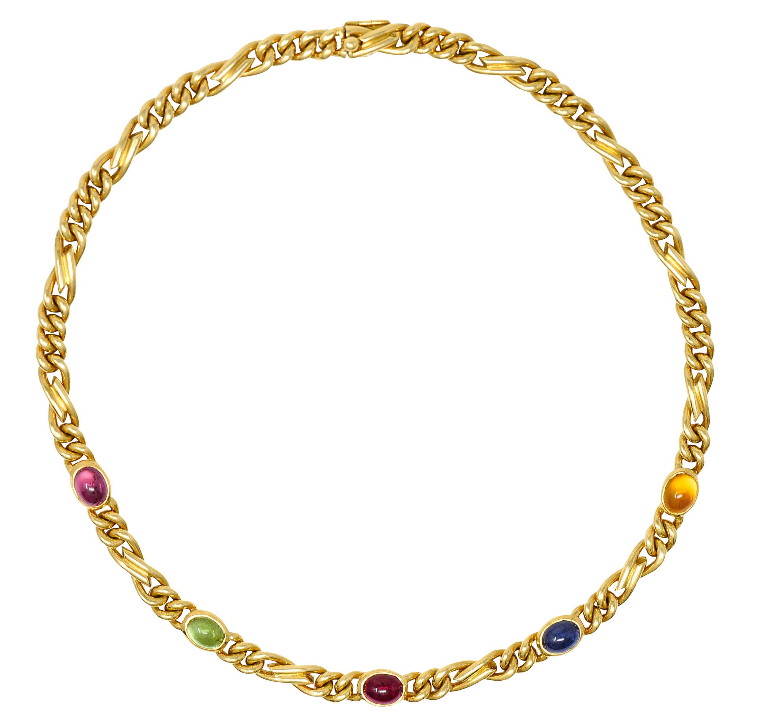 .11111 Bulgari 1980's Citrine Sapphire Tourmaline Cabochon 18 Karat Yellow Gold Figaro Chain Vintage Multi-Gem Necklace Wilson's Estate Jewelry