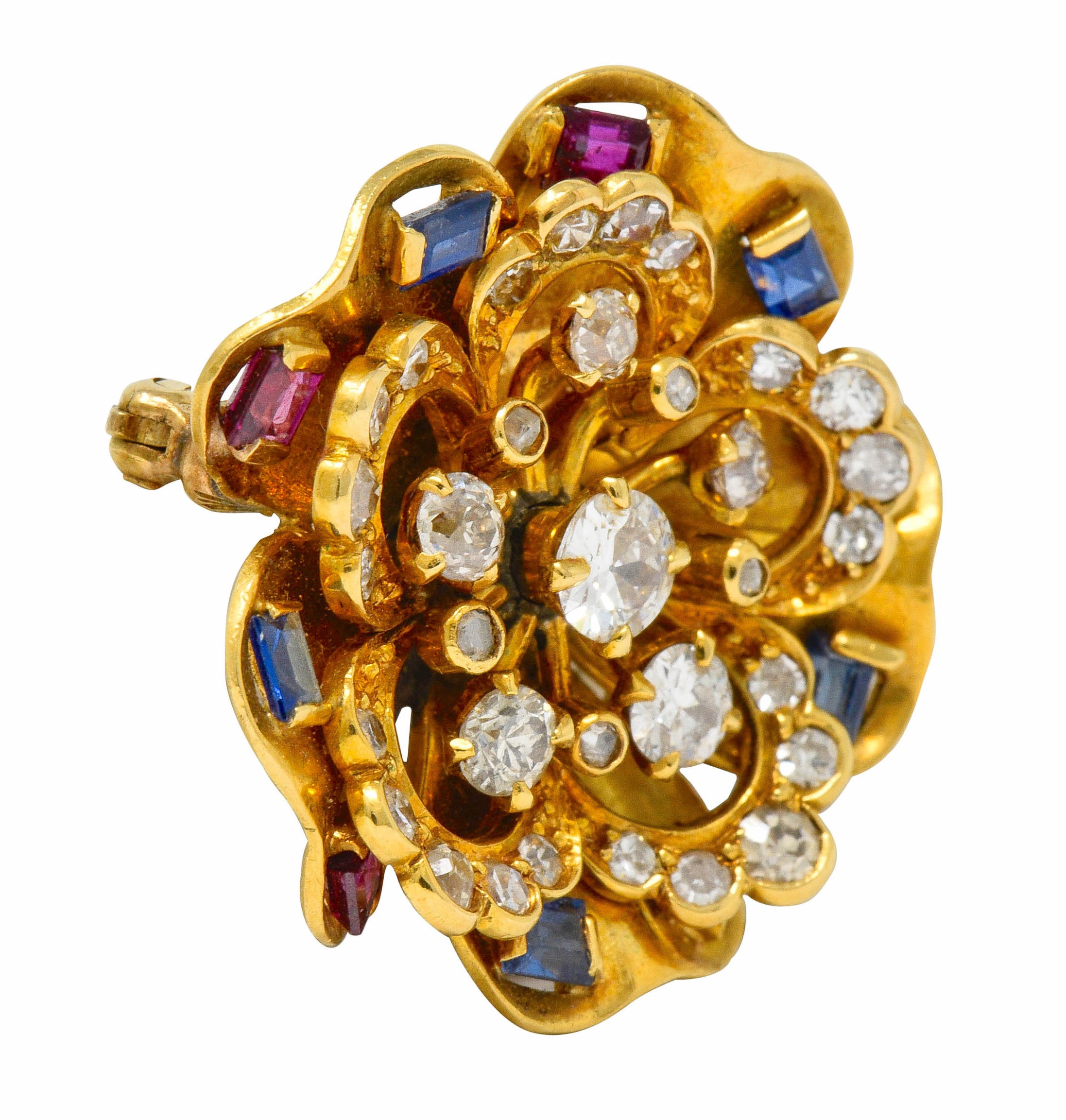 Retro 2.45 CTW Diamond Sapphire Ruby 18 Karat Gold Cluster Flower Brooch - Wilson's Estate Jewelry