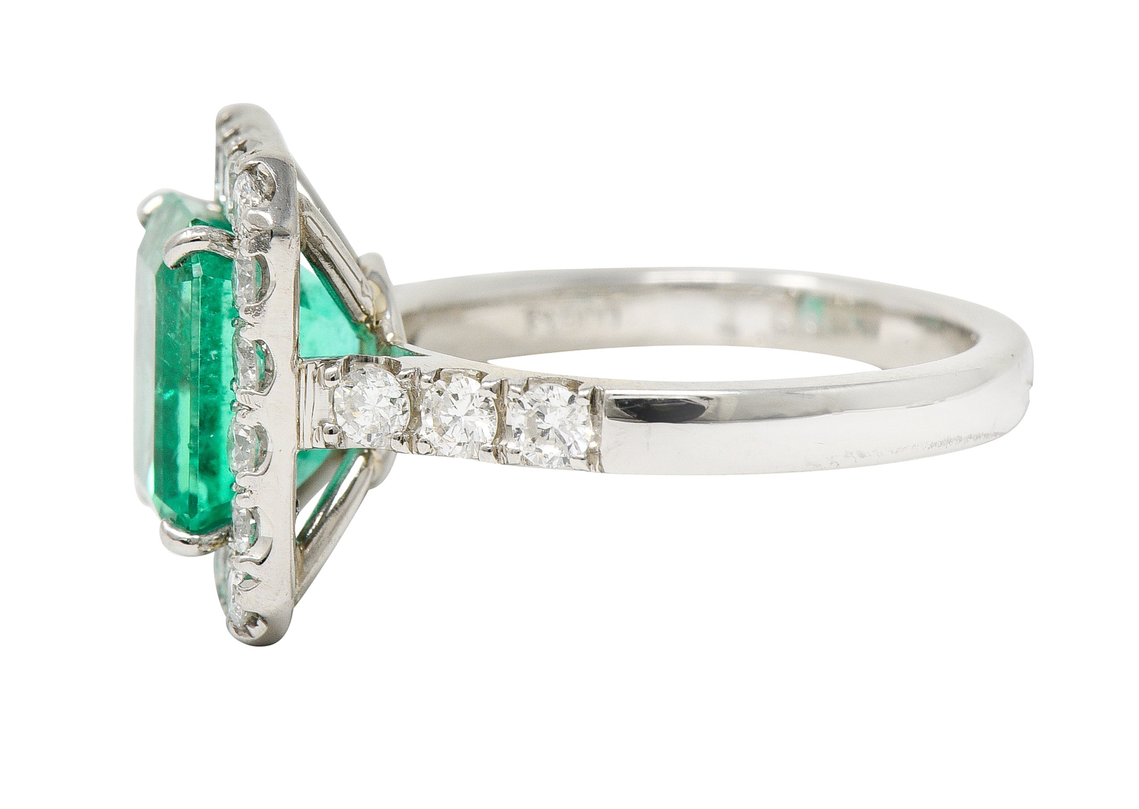 Contemporary 3.50 CTW Colombian Emerald Diamond Platinum Halo Ring GIA Wilson's Estate Jewelry