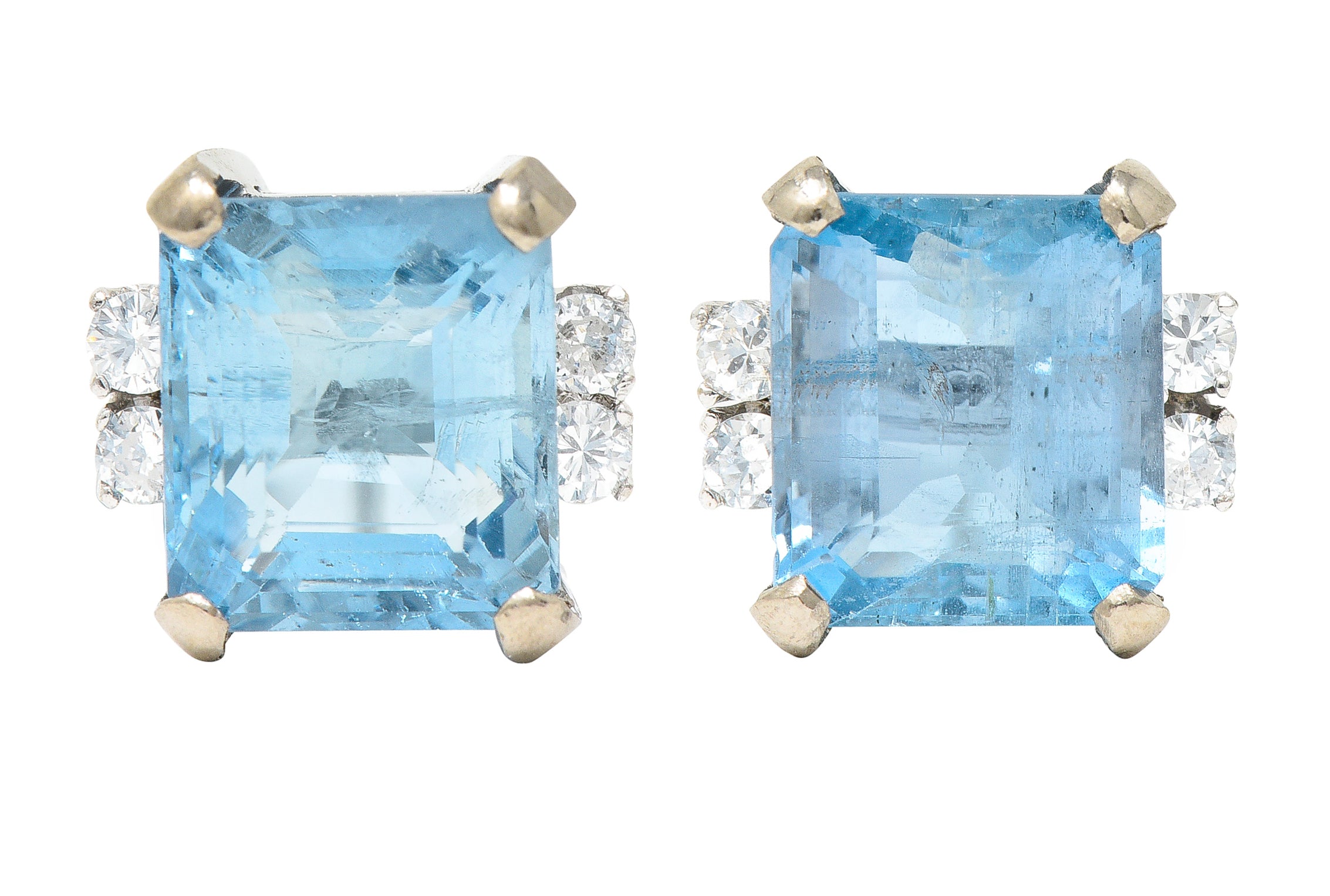 Vintage Aquamarine Diamond 18 Karat White Gold Gemstone Stud Earrings Wilson's Estate Jewelry