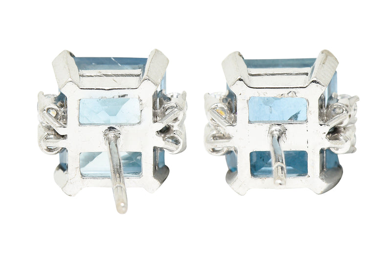 Vintage Aquamarine Diamond 18 Karat White Gold Gemstone Stud Earrings Wilson's Estate Jewelry