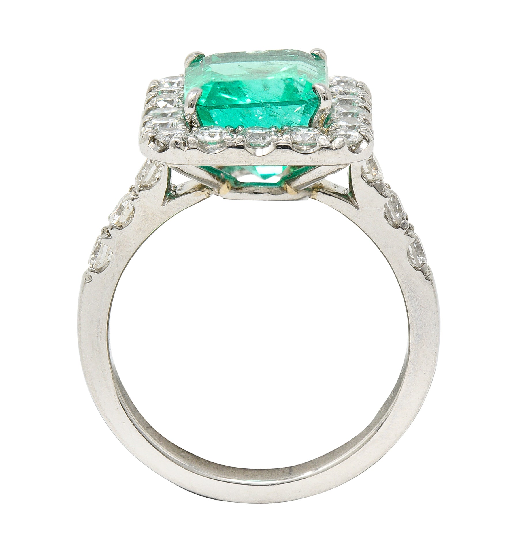 Contemporary 3.50 CTW Colombian Emerald Diamond Platinum Halo Ring GIA Wilson's Estate Jewelry