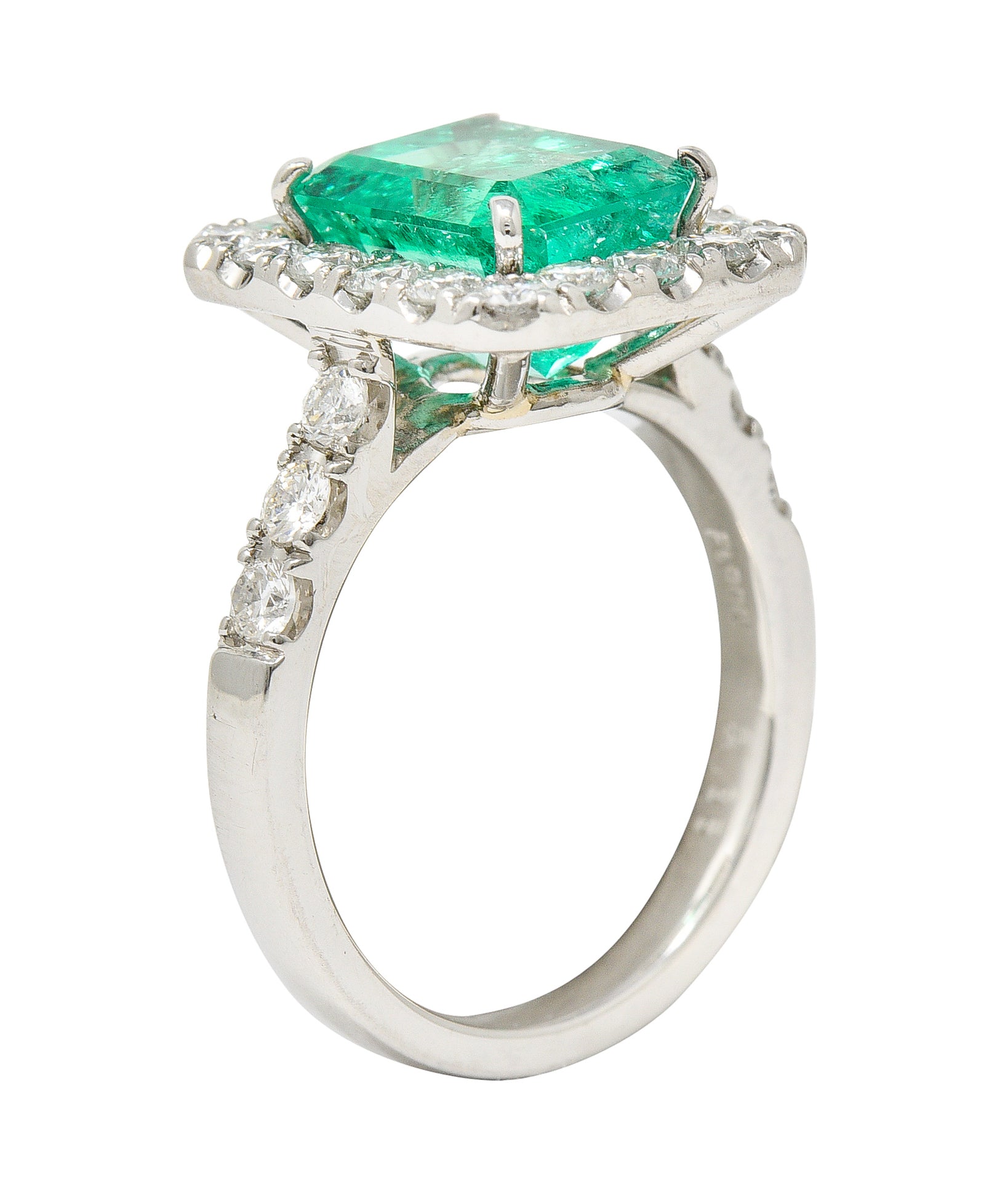 Contemporary 3.50 CTW Colombian Emerald Diamond Platinum Halo Ring GIA Wilson's Estate Jewelry