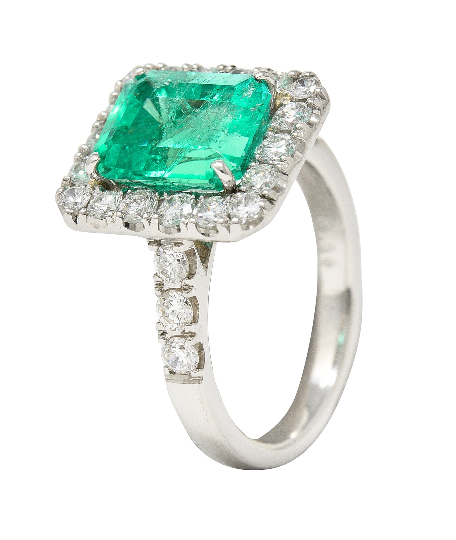 Contemporary 3.50 CTW Colombian Emerald Diamond Platinum Halo Ring GIA Wilson's Estate Jewelry