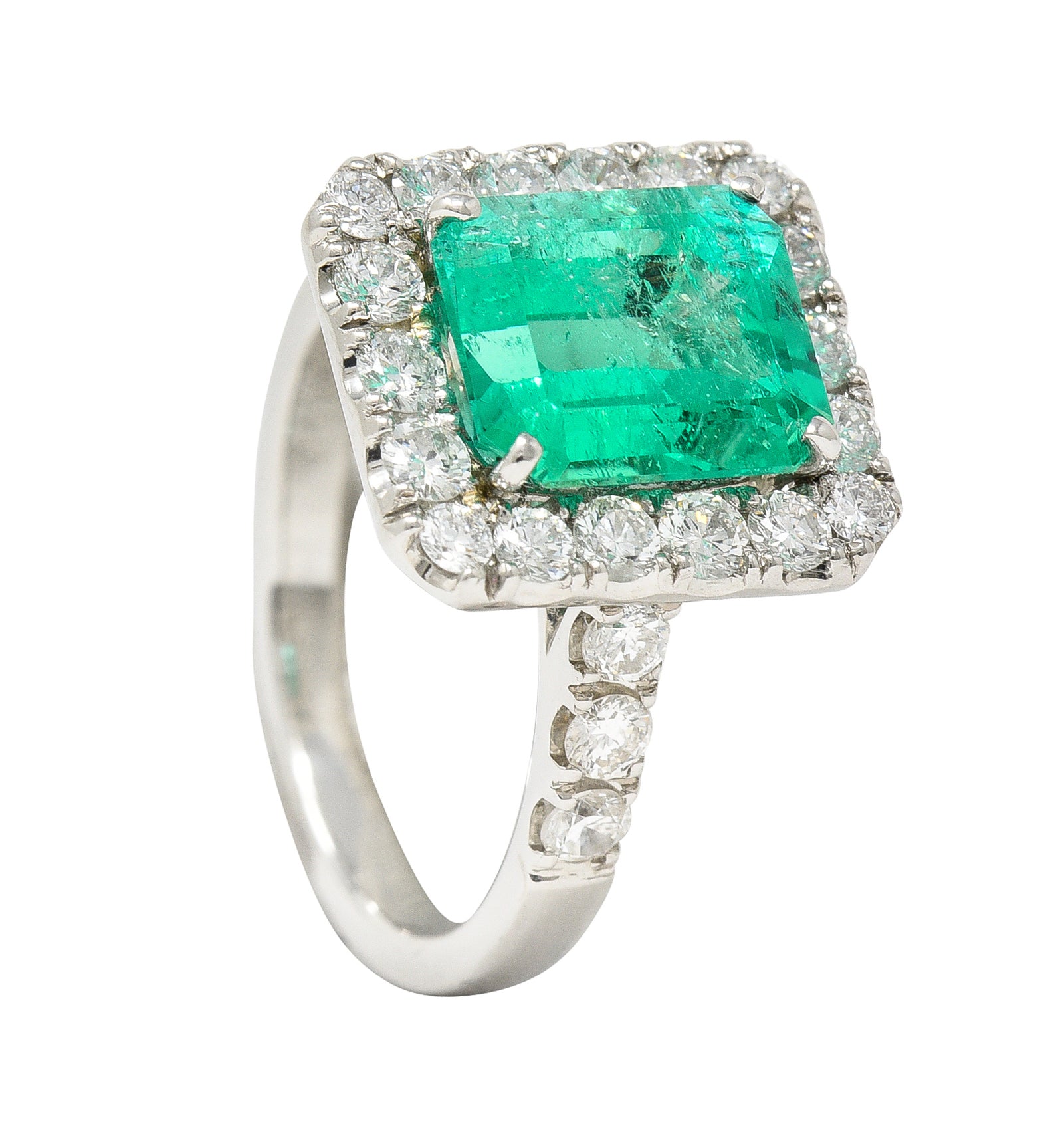 Contemporary 3.50 CTW Colombian Emerald Diamond Platinum Halo Ring GIA Wilson's Estate Jewelry